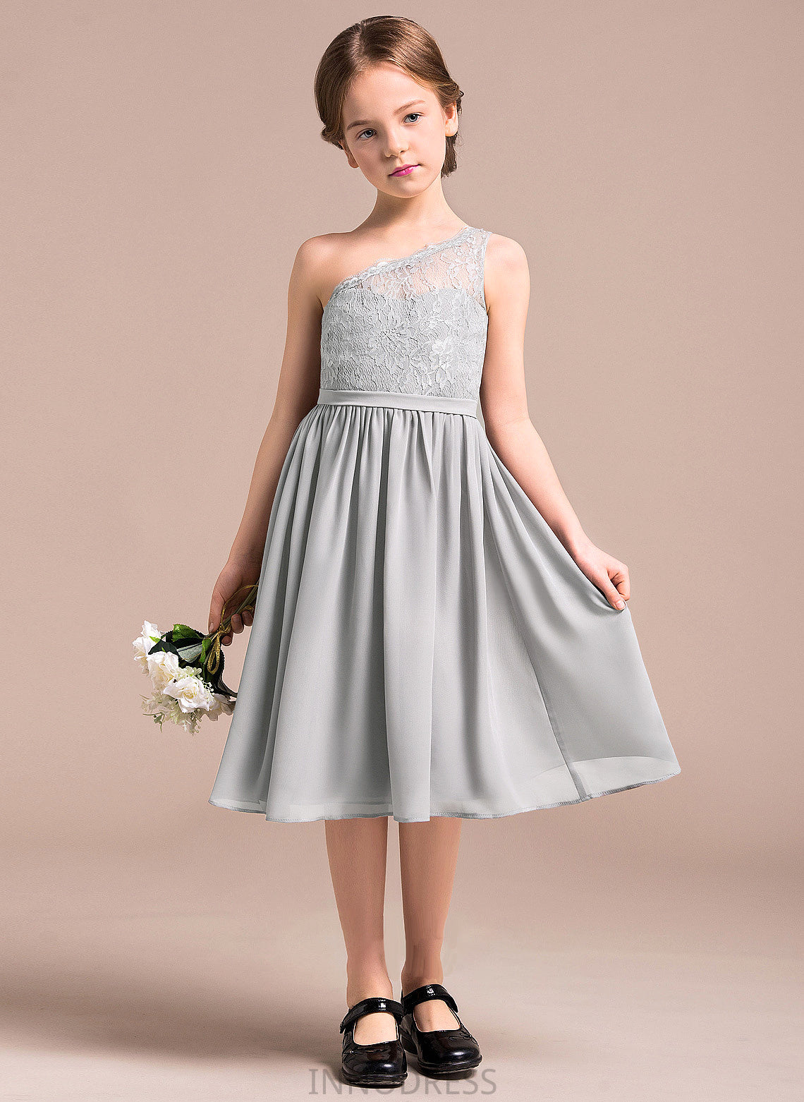 Arianna A-Line Lace Junior Bridesmaid Dresses One-Shoulder Chiffon Knee-Length