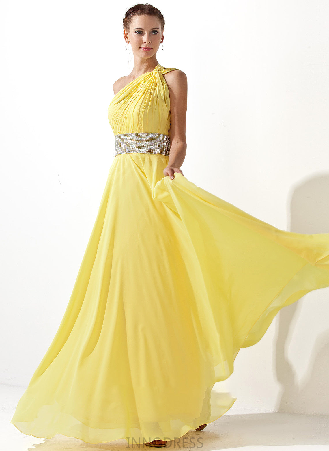 A-Line Beading Floor-Length With Diana Chiffon Prom Dresses One-Shoulder Ruffle