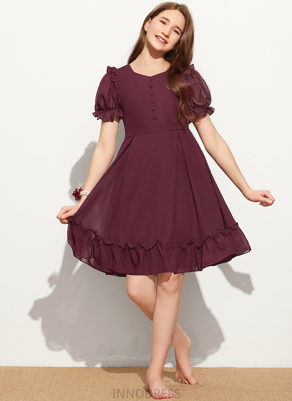 A-Line Chiffon Bow(s) Kaylynn Junior Bridesmaid Dresses With Cascading Scoop Knee-Length Neck Ruffles