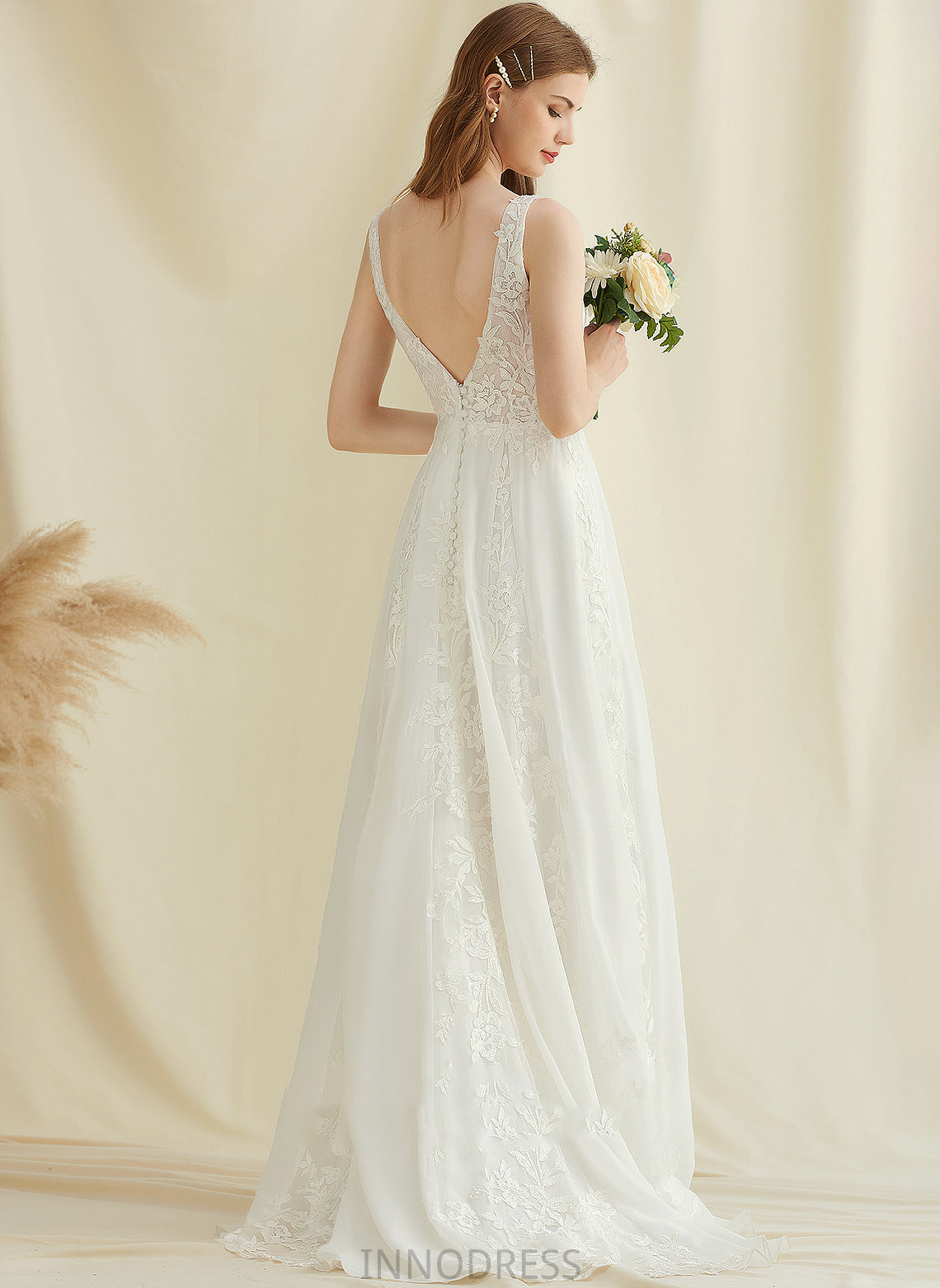 Sequins Dress Wedding Dresses A-Line Chiffon V-neck Train With Sweep Wedding Lace Anastasia