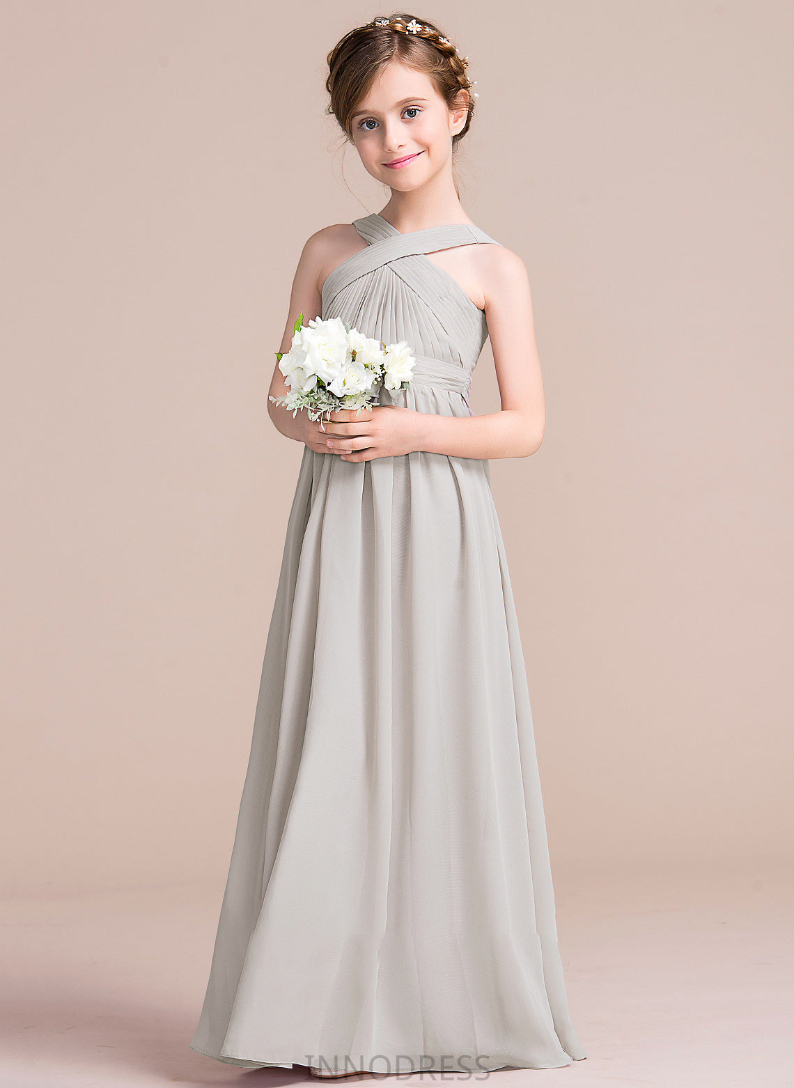 V-neck Ruffle A-Line Amelia With Chiffon Floor-Length Bow(s) Junior Bridesmaid Dresses