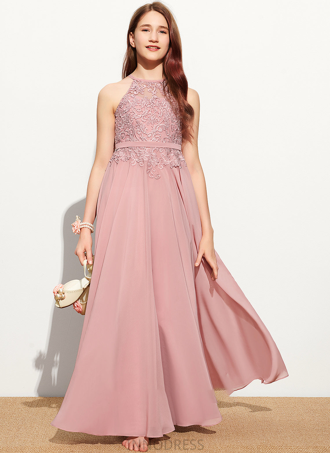 Ann Neck Lace Junior Bridesmaid Dresses A-Line Chiffon Floor-Length Scoop