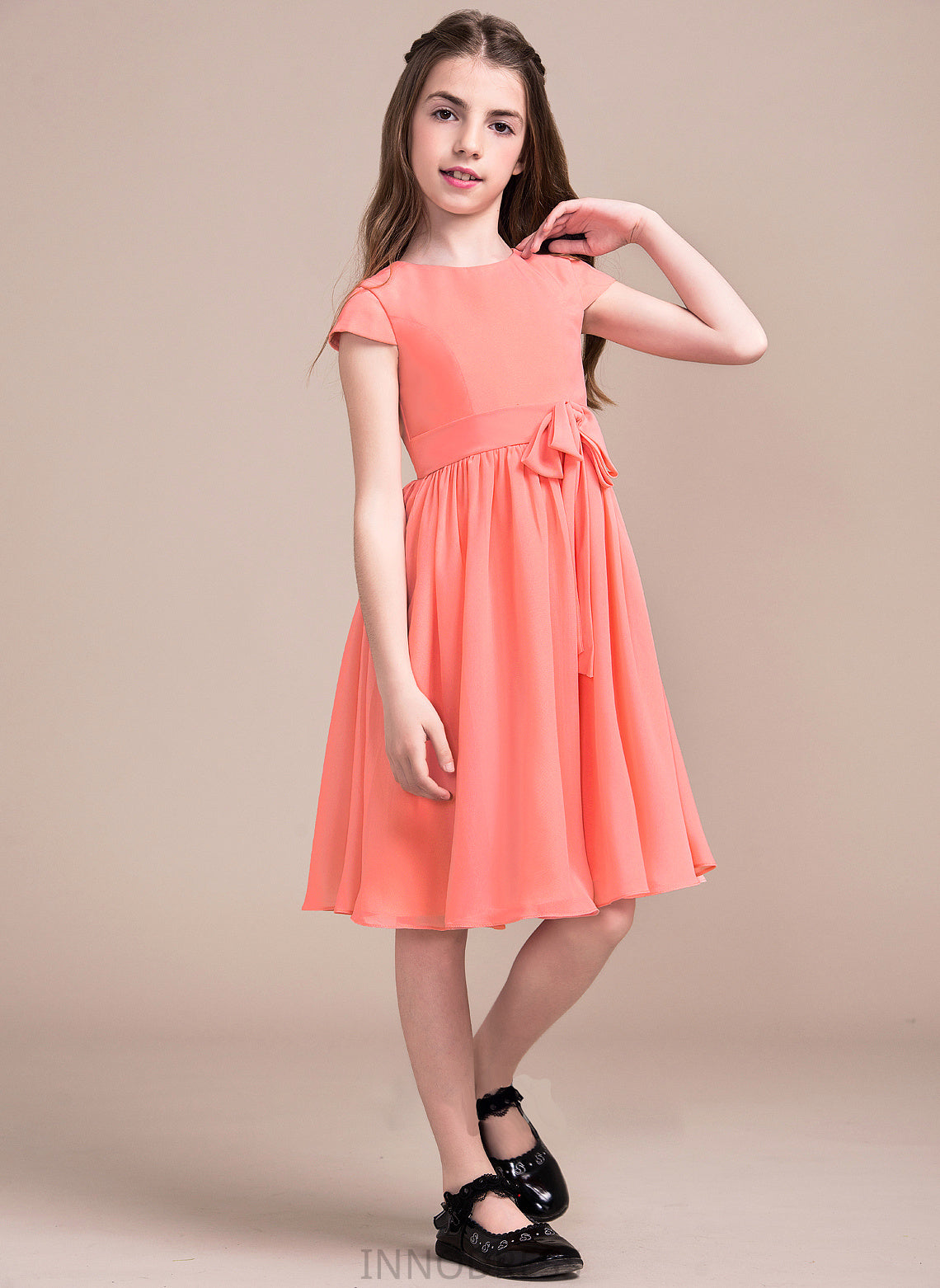 Knee-Length Scoop Bow(s) Amara Junior Bridesmaid Dresses With Neck A-Line Chiffon