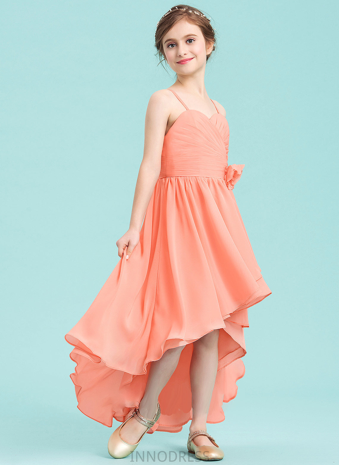 Junior Bridesmaid Dresses Ruffle With Asymmetrical Chiffon Sweetheart Diamond A-Line Flower(s)