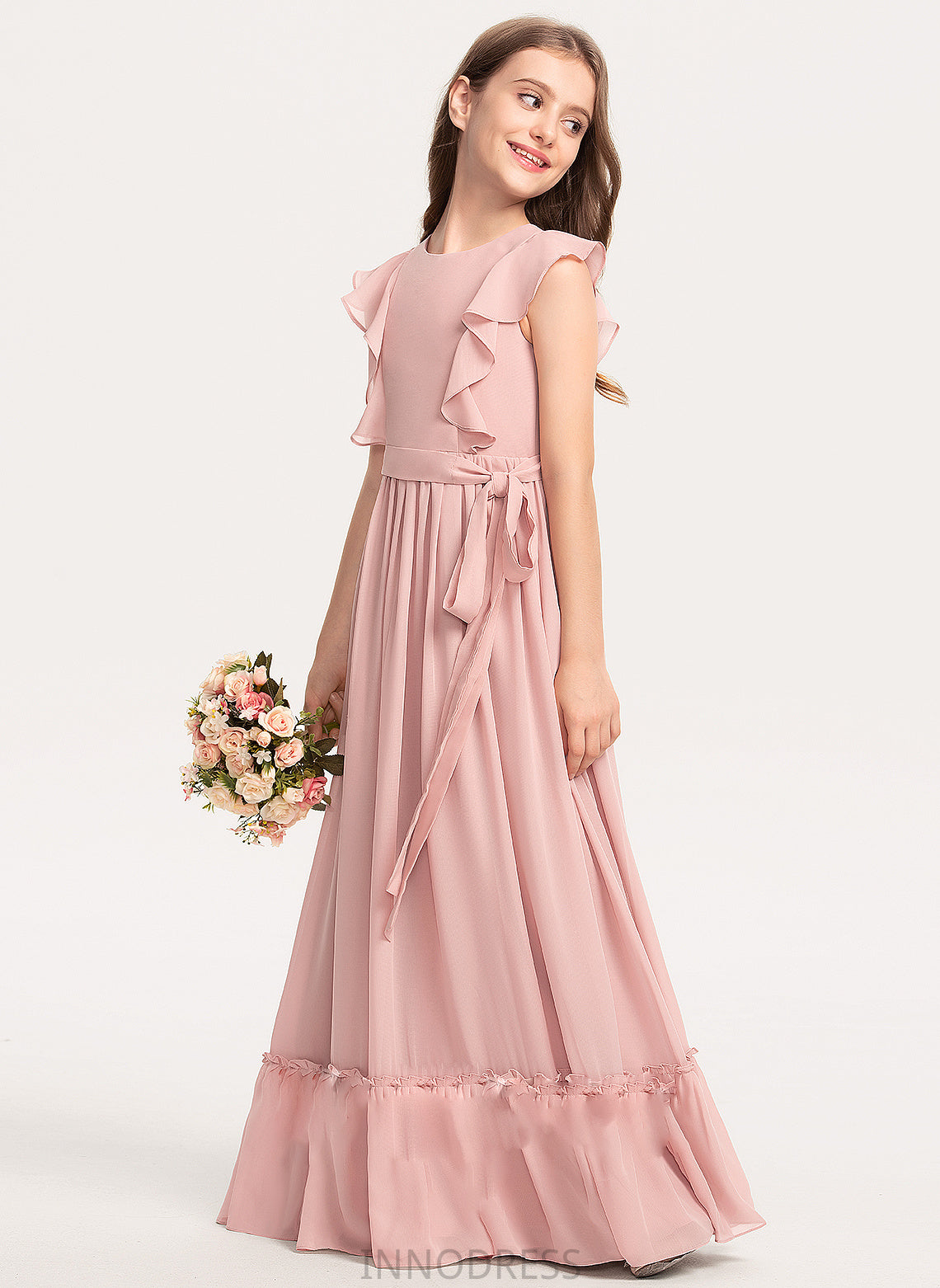 Junior Bridesmaid Dresses With Bow(s) Neck Floor-Length Taliyah Chiffon A-Line Ruffles Scoop Cascading