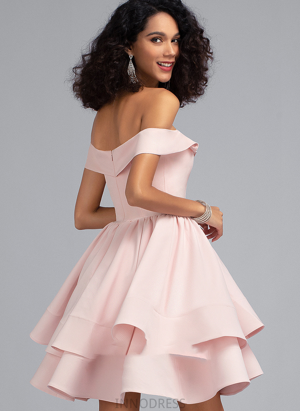 Crepe A-Line Ruffles Kendra Off-the-Shoulder With Cascading Prom Dresses Stretch Short/Mini