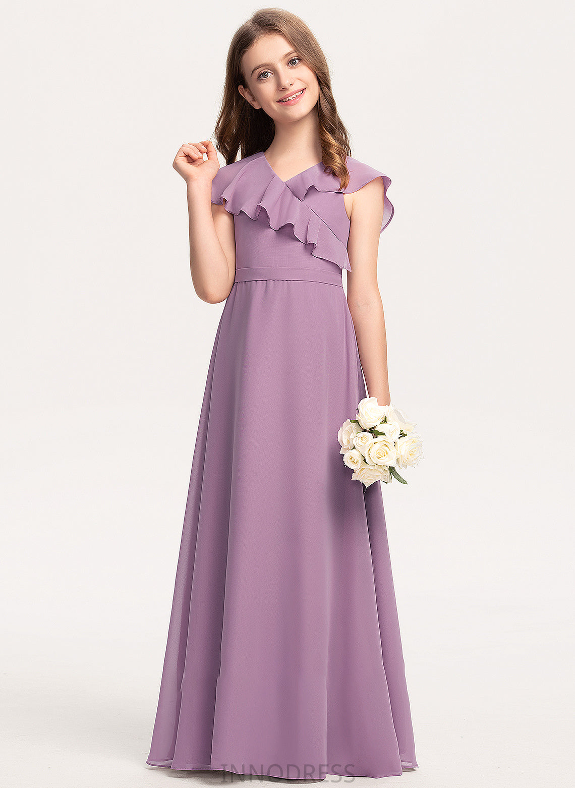 Ruffles A-Line Junior Bridesmaid Dresses Floor-Length With V-neck Bow(s) Molly Cascading Chiffon