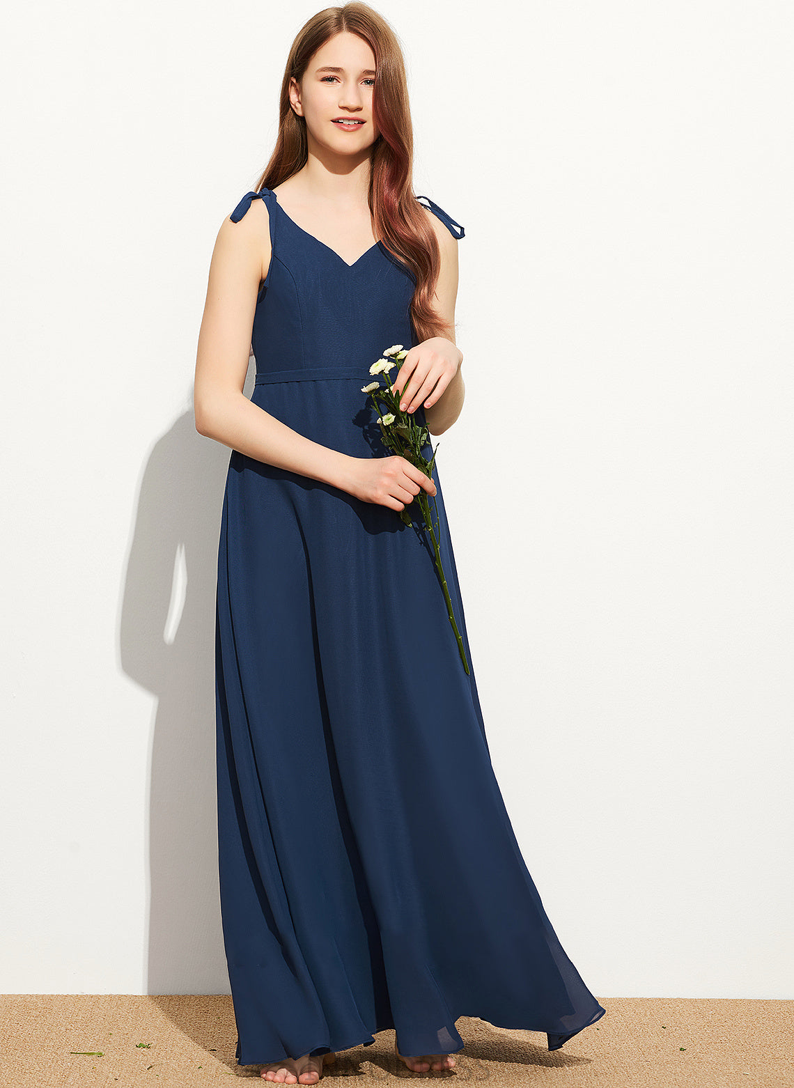 Junior Bridesmaid Dresses Bow(s) Kendal A-Line Chiffon Floor-Length V-neck With