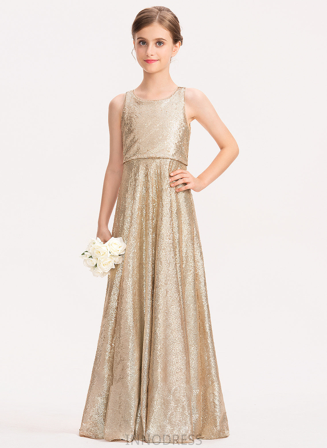 Scoop Neck Sequined Junior Bridesmaid Dresses A-Line Floor-Length Jane