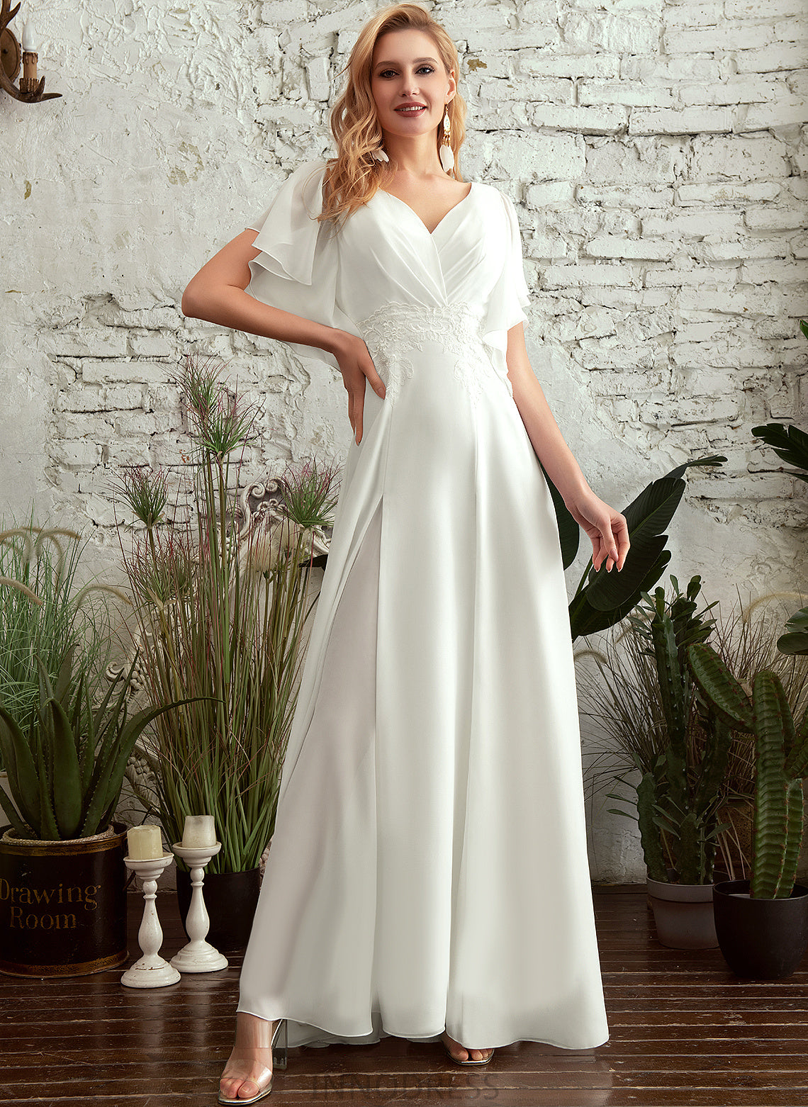 With A-Line Kirsten Wedding Wedding Dresses Front Chiffon Floor-Length Lace Dress Split V-neck