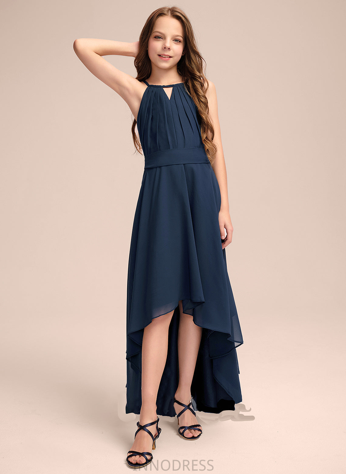 A-Line Asymmetrical Neck With Bow(s) Chiffon Junior Bridesmaid Dresses Adison Ruffles Scoop