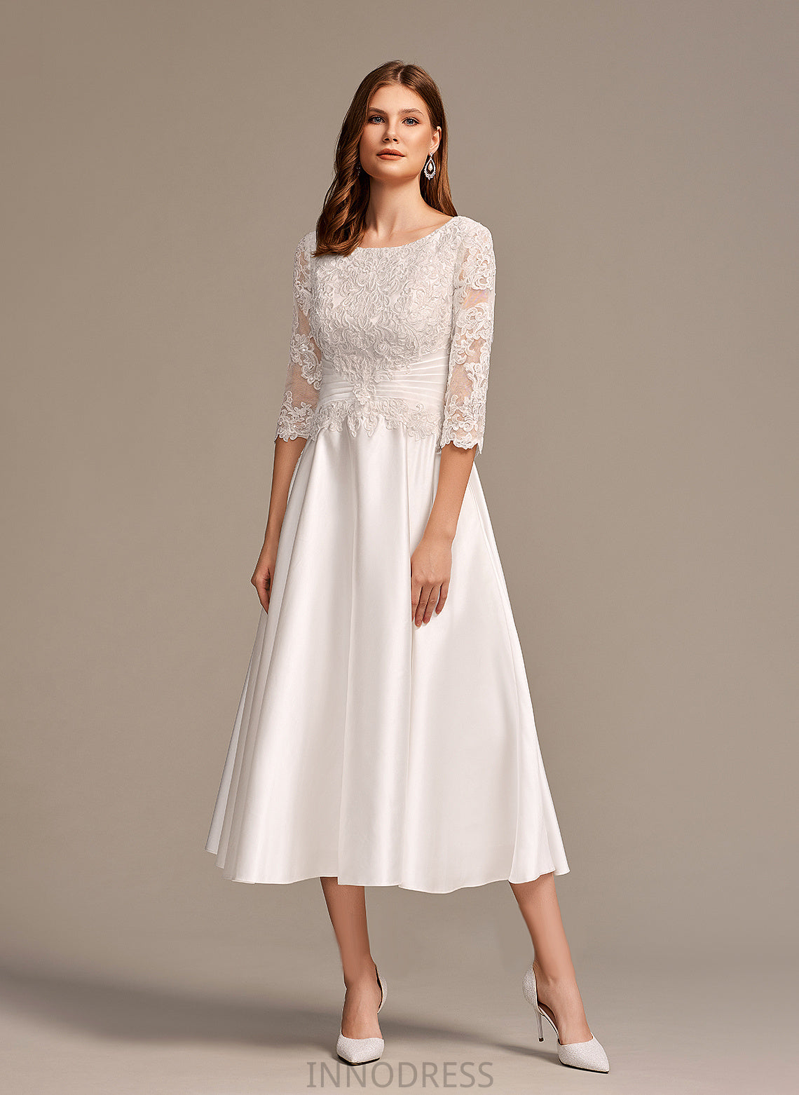 Wedding Dresses A-Line With Satin Wedding Lace Mia Neck Scoop Pockets Dress Tea-Length