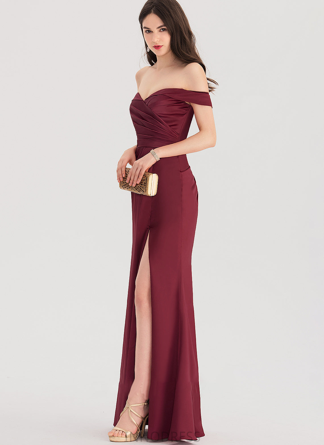 Split Off-the-Shoulder Front Ruffle Floor-Length Satin Cherish Sheath/Column With Prom Dresses