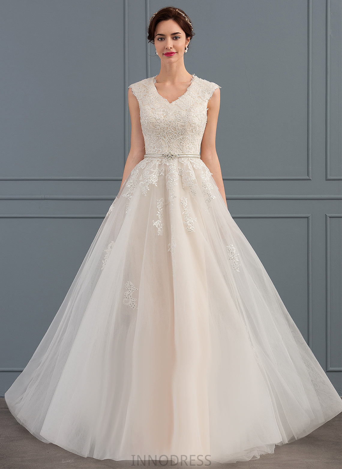 Beading Wedding Train Bow(s) V-neck Tulle With Sequins A-Line Sweep Wedding Dresses Liana Dress Lace