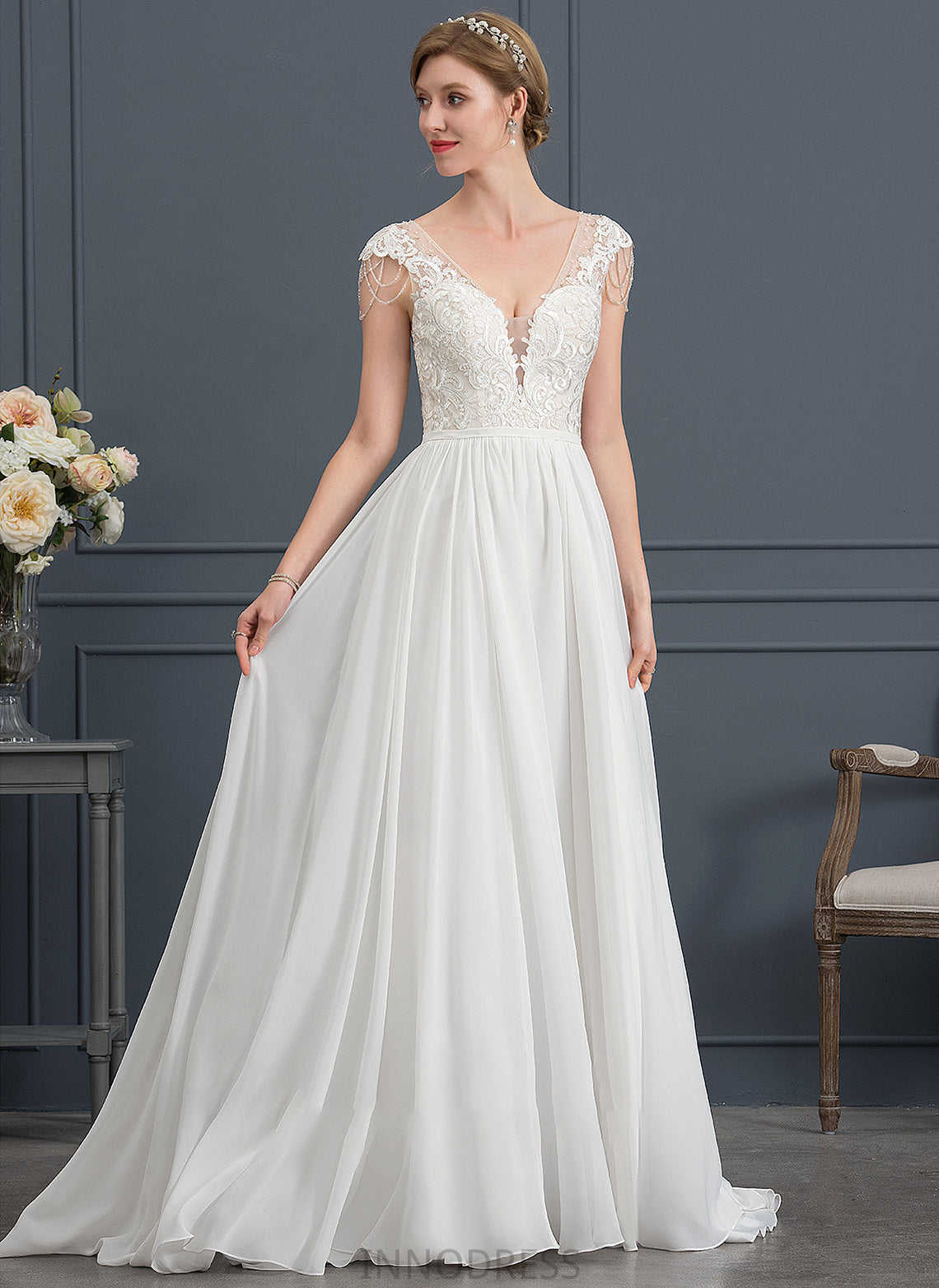 Sequins Wedding Dresses Beading V-neck Sweep Dress A-Line Chiffon With Jayla Wedding Train