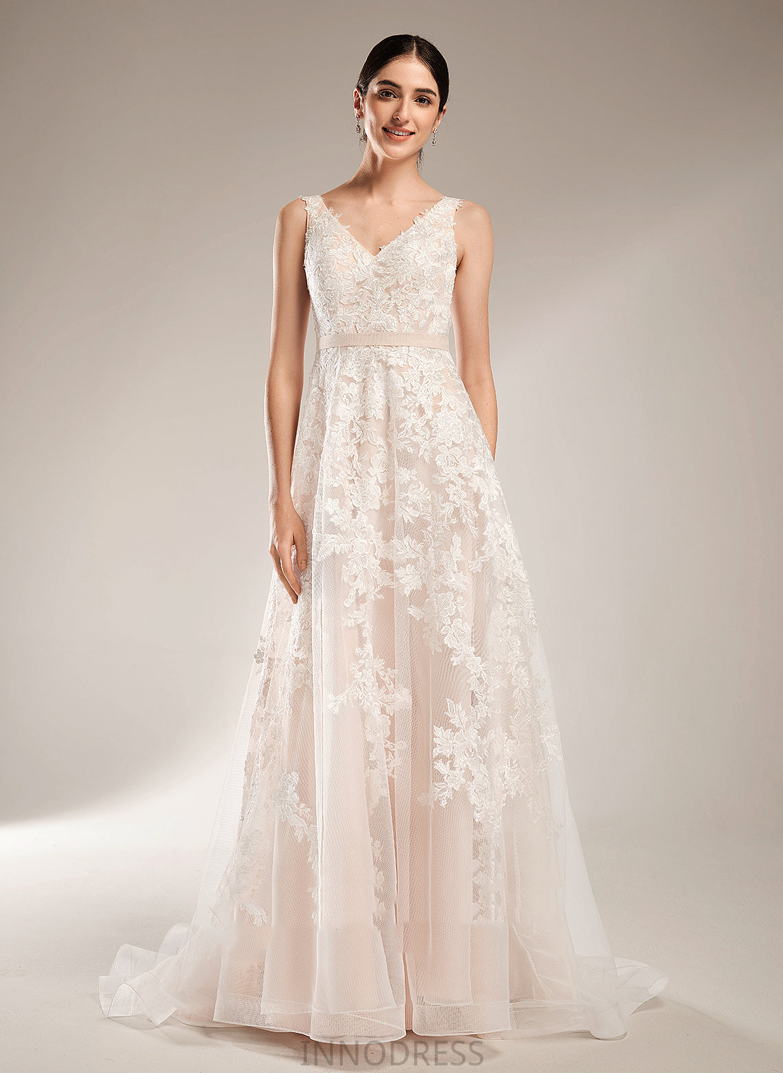 V-neck Lace Wedding Mira Court Wedding Dresses A-Line Train Dress Tulle