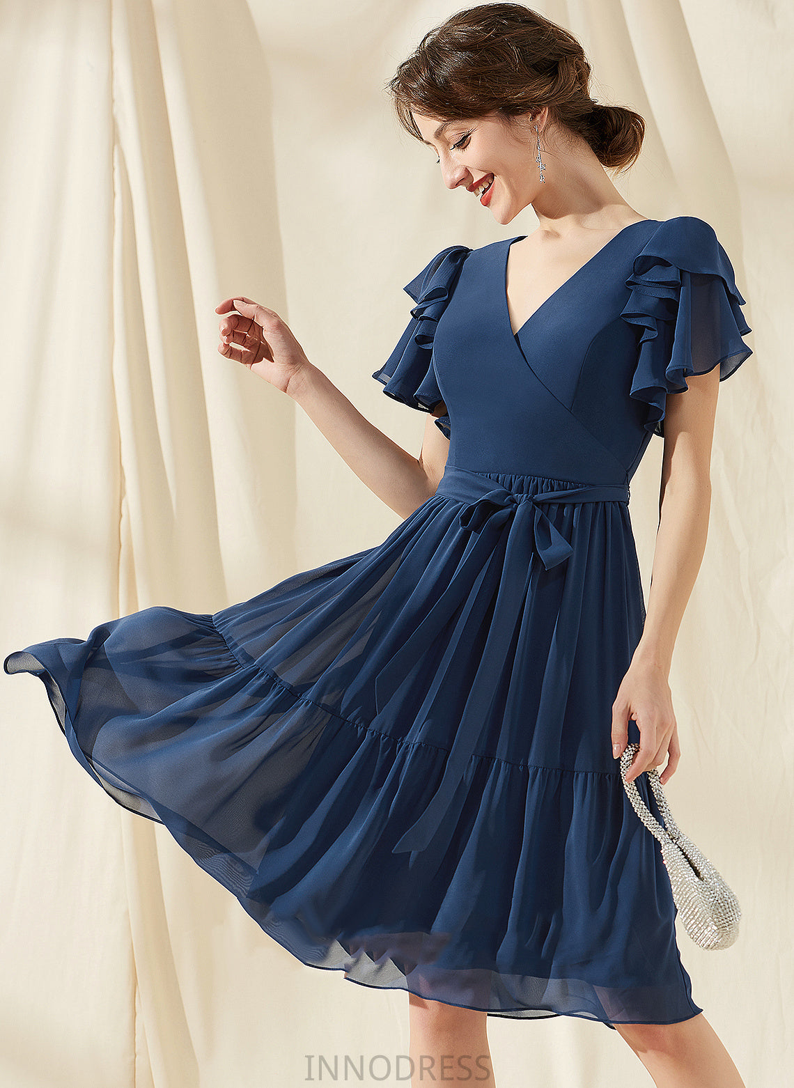 Bow(s) Silhouette Fabric A-Line CascadingRuffles Length Embellishment Knee-Length V-neck Neckline Ali A-Line/Princess Bridesmaid Dresses