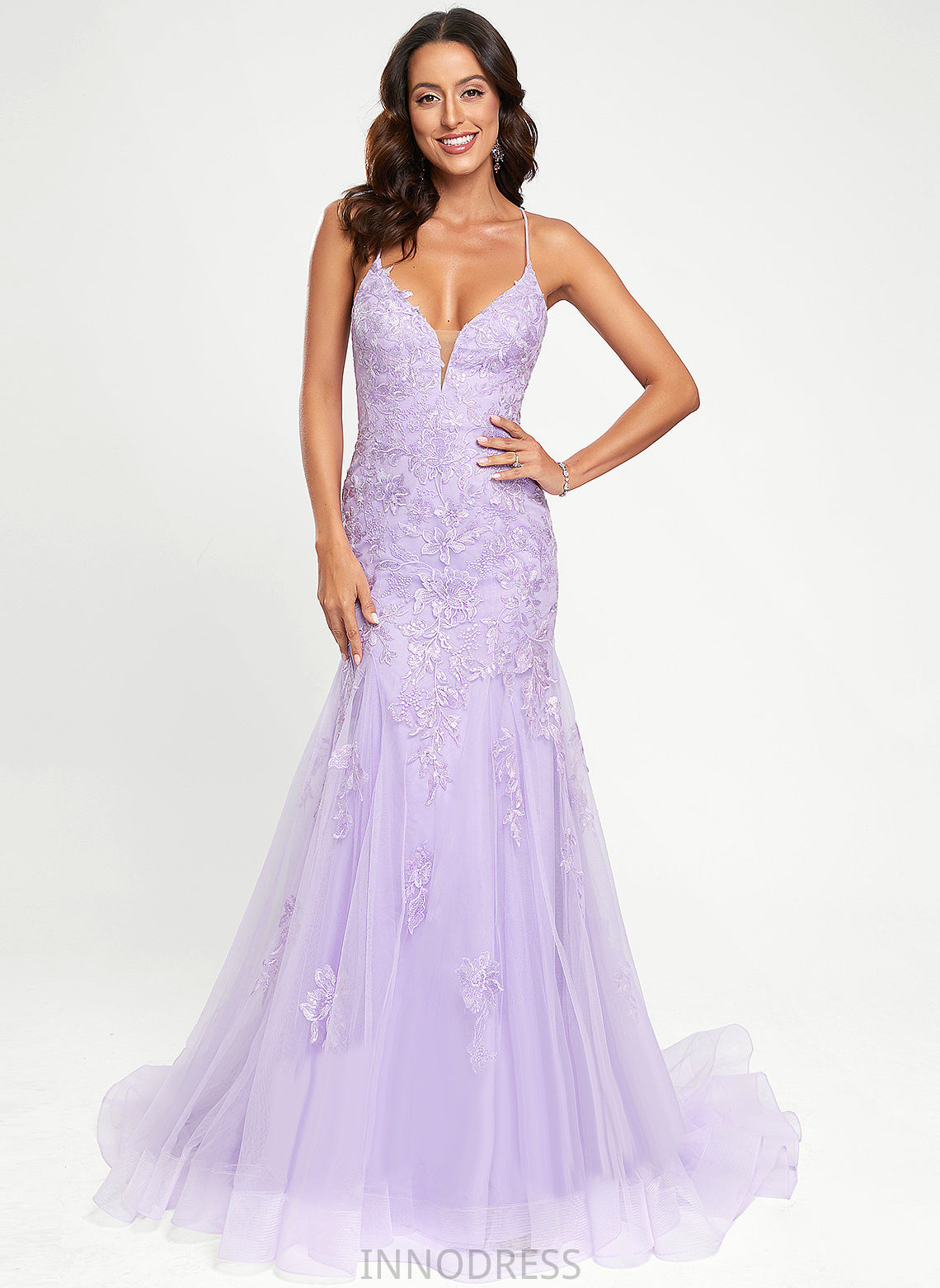 With Train Sweep Prom Dresses Lace V-neck Trumpet/Mermaid Jaylynn Sequins Tulle