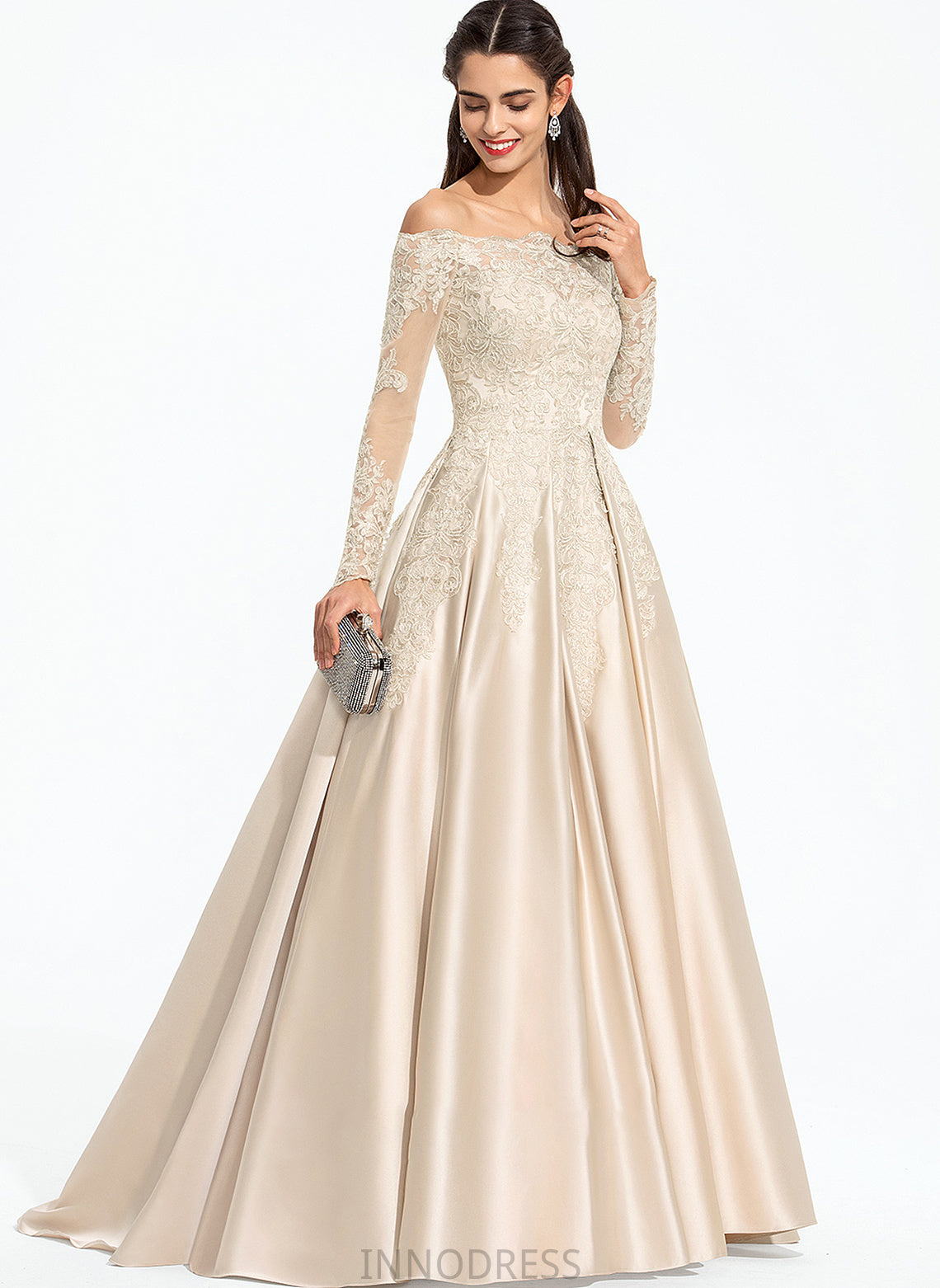 With Sequins Sweep Ball-Gown/Princess Off-the-Shoulder Train Satin Brooke Prom Dresses