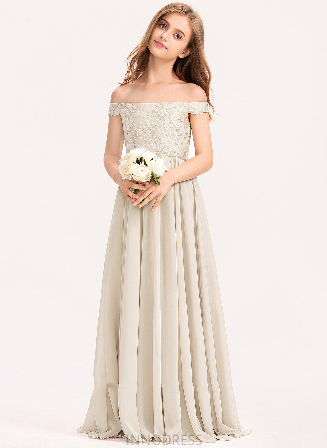 Finley Junior Bridesmaid Dresses Off-the-Shoulder Lace Floor-Length Chiffon A-Line