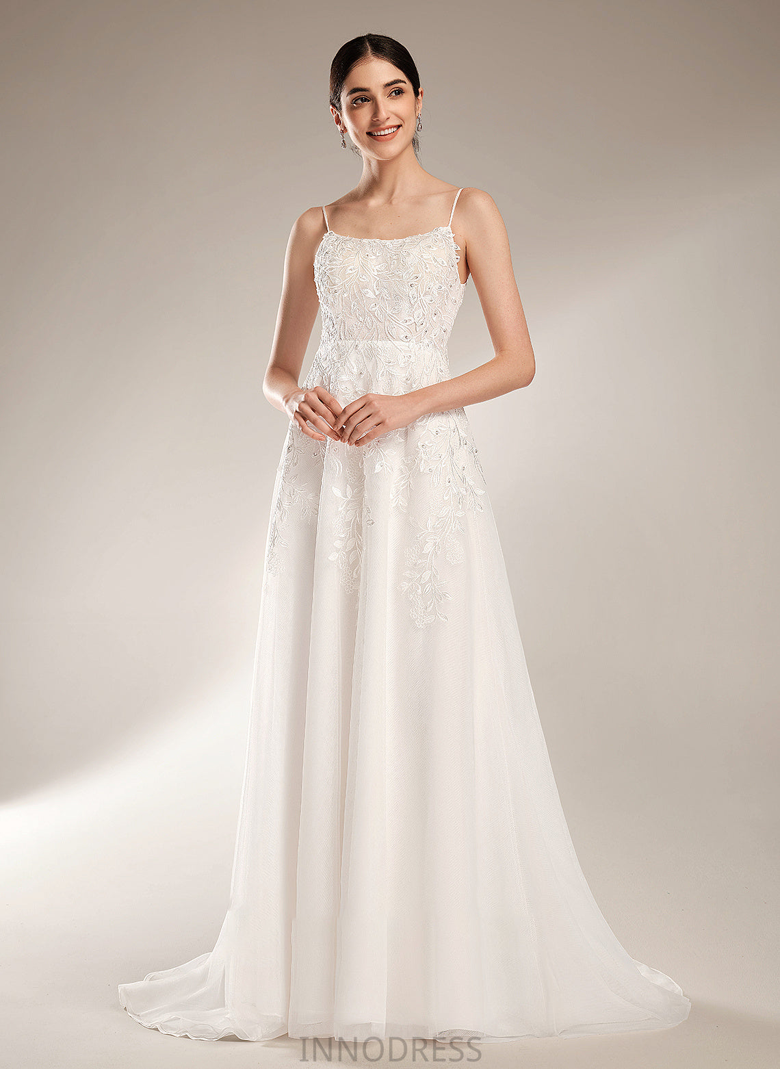 Wedding Luciana Wedding Dresses With Train Neckline Court Sequins Square Beading Dress A-Line