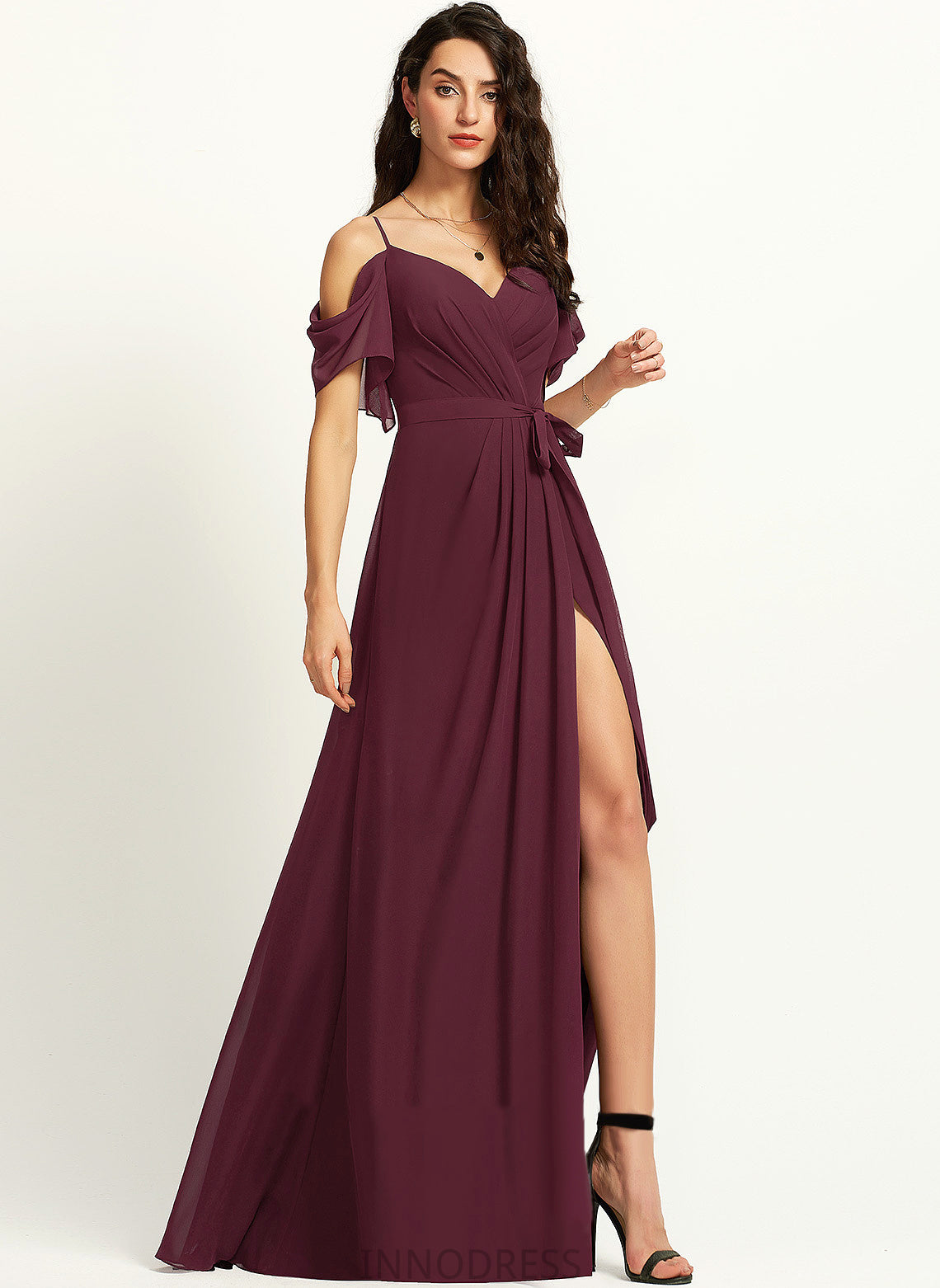 A-Line Fabric Silhouette Floor-Length SplitFront V-neck Neckline Embellishment Ruffle Length Sash Charlotte Bridesmaid Dresses