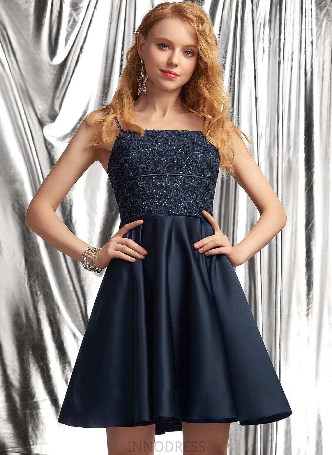 With Short/Mini Neckline Ryann Square Sequins Prom Dresses A-Line Satin Lace