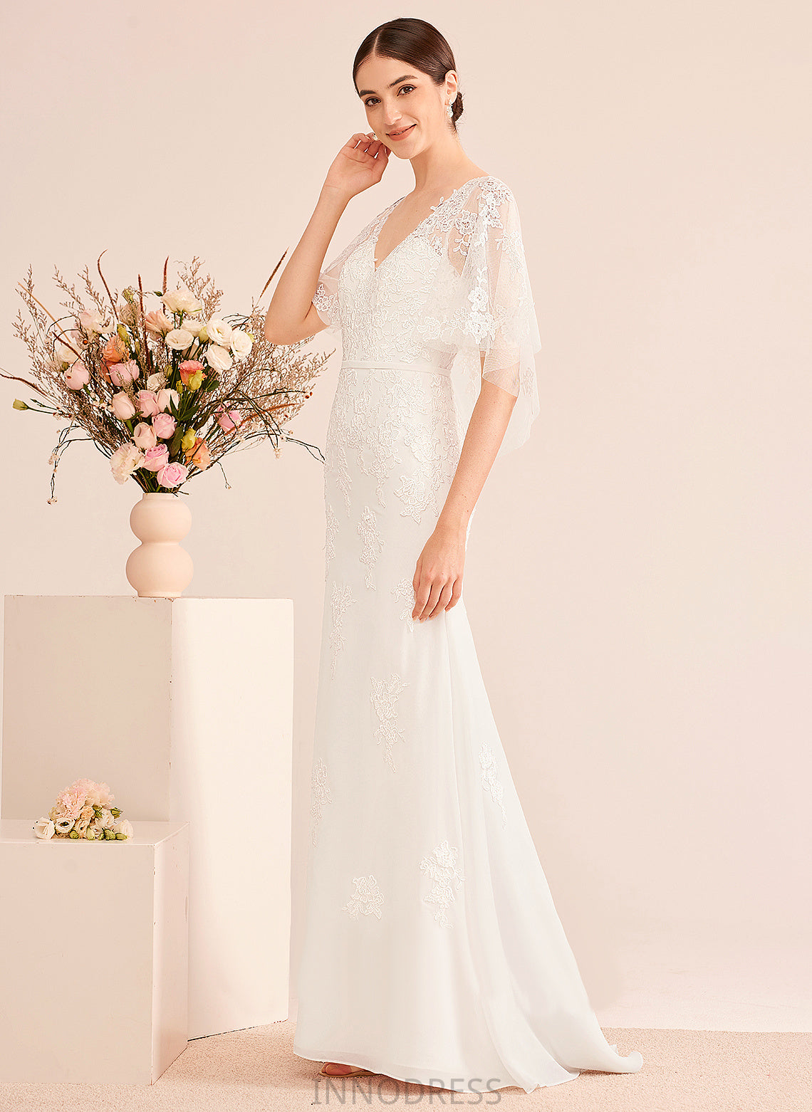 Azaria Wedding Lace V-neck Wedding Dresses Trumpet/Mermaid Dress With Sash Court Chiffon Train