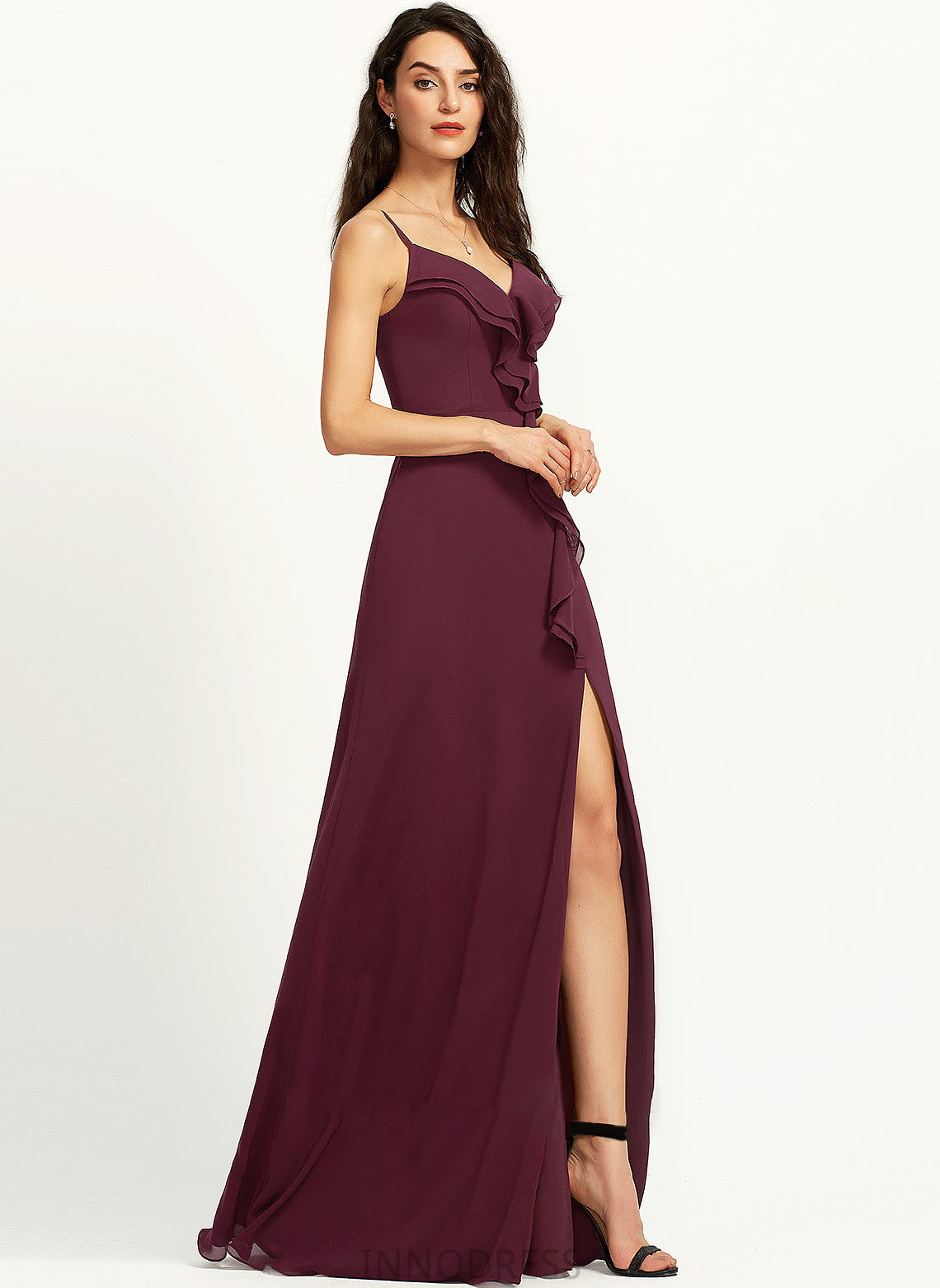 Sheath/Column V-neck Prom Dresses Arely Front Floor-Length With Split Ruffle