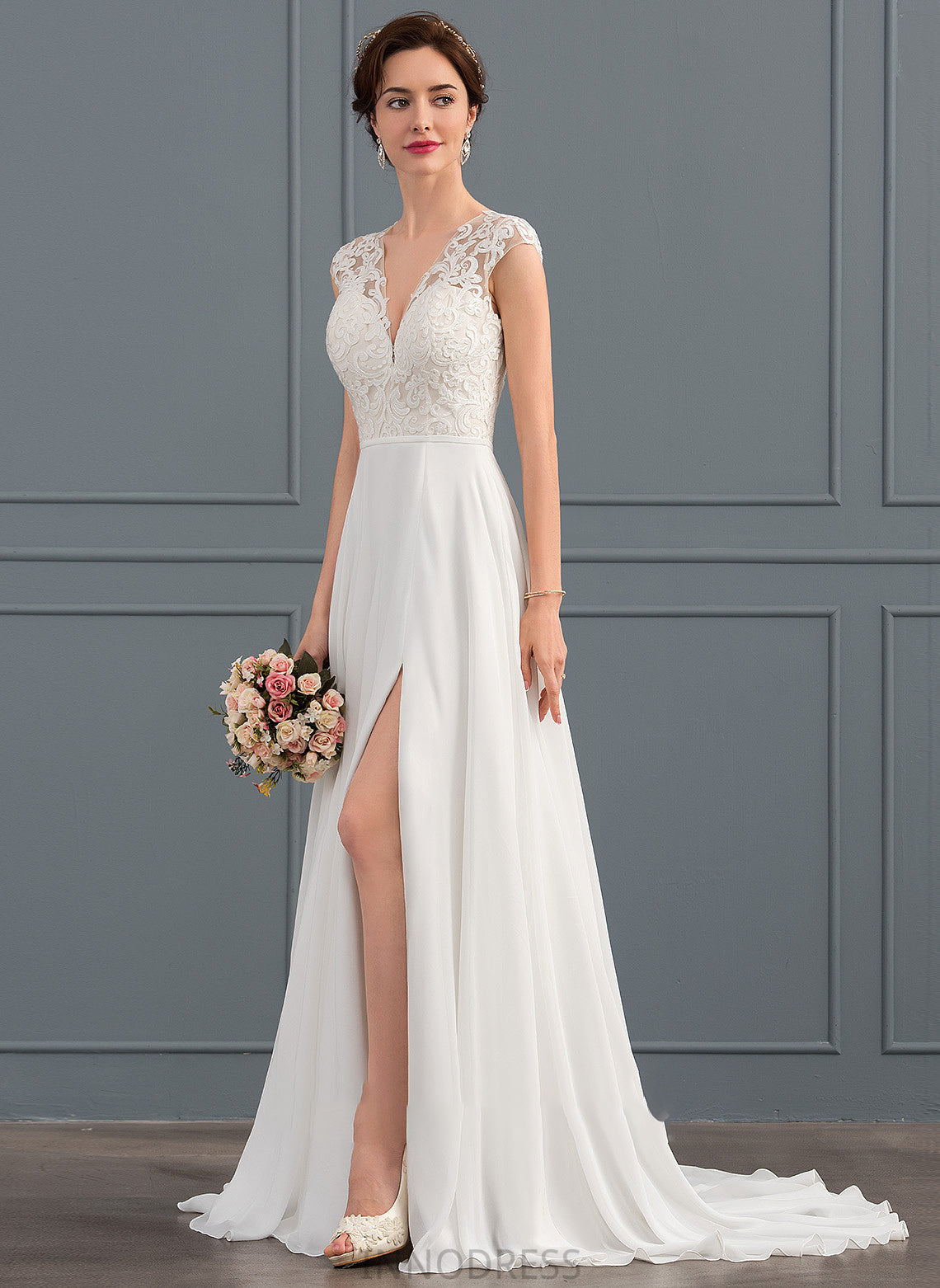 Wedding Chiffon Front Dress Wedding Dresses A-Line With Split Sweep Tia Train V-neck