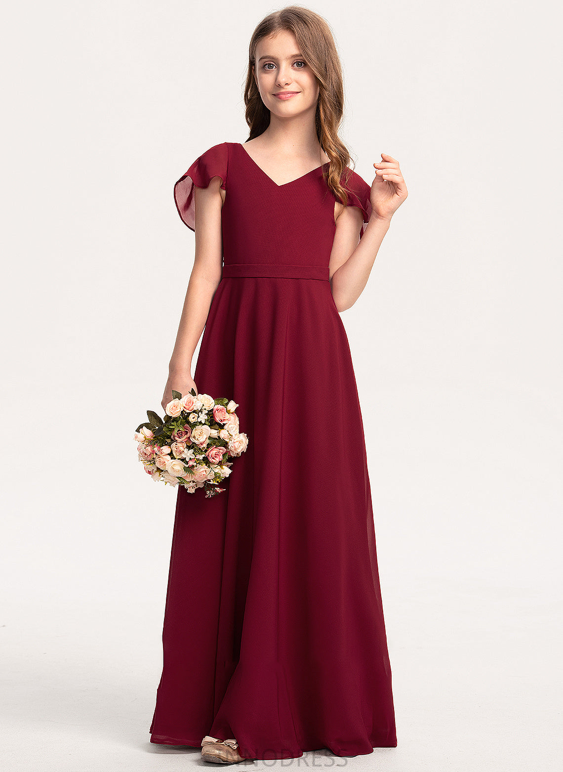 With Ruffles Cascading Chiffon Junior Bridesmaid Dresses V-neck Sarai A-Line Floor-Length