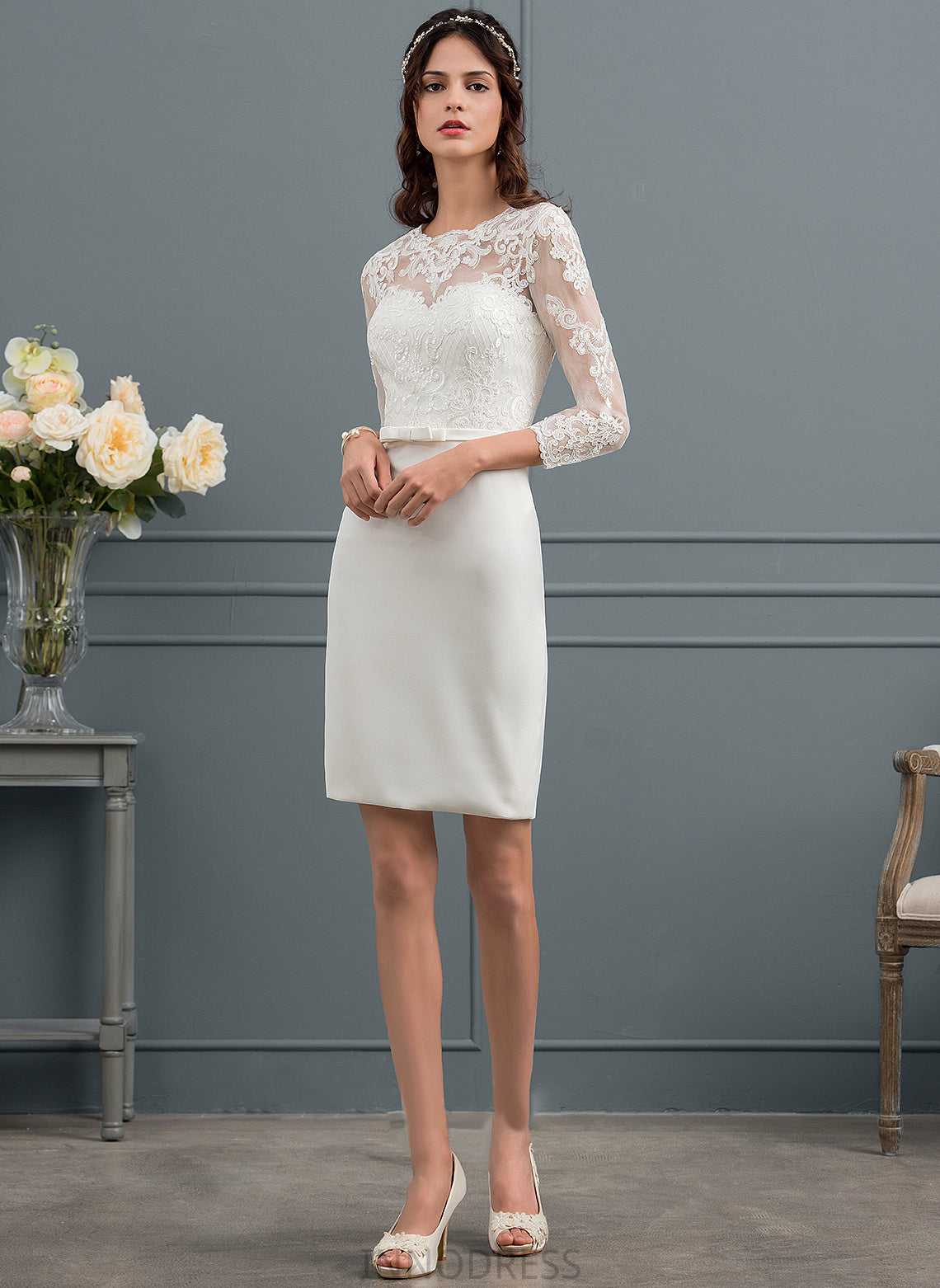 Crepe Lace Sequins Joanne Wedding Stretch Illusion Dress Knee-Length Wedding Dresses With Bow(s) Sheath/Column