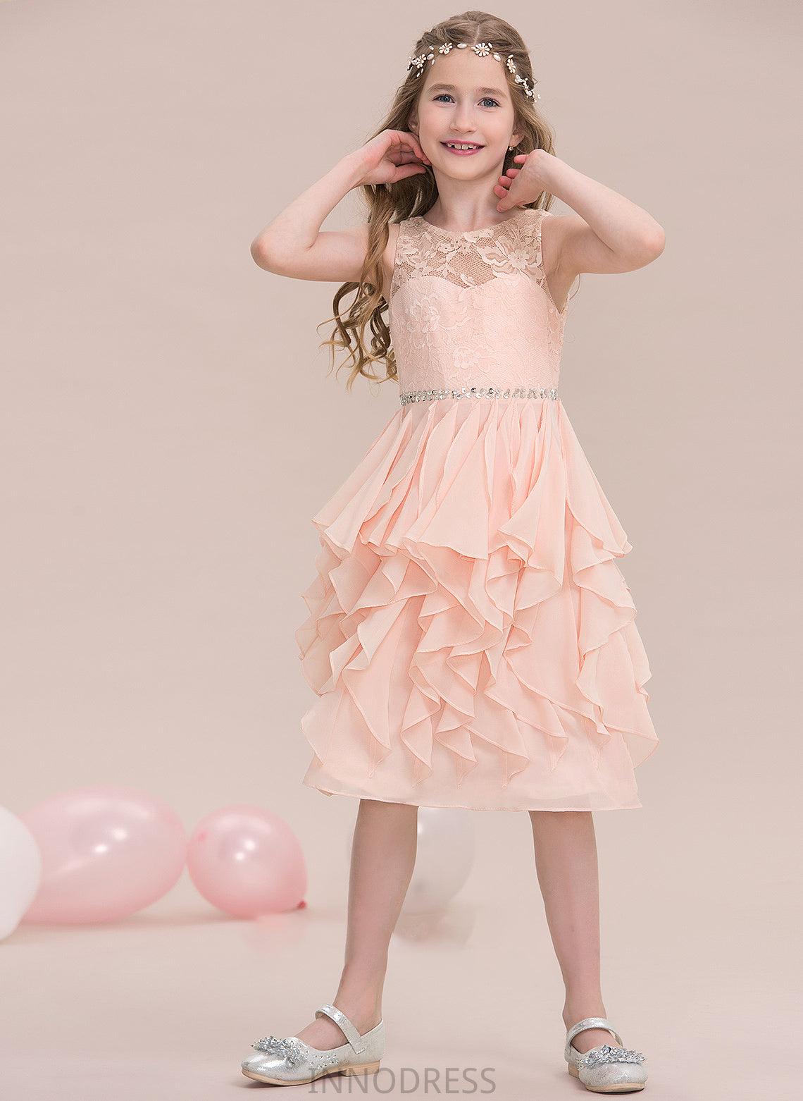 Junior Bridesmaid Dresses Neck A-Line Zion Knee-Length Sequins Ruffles Chiffon With Scoop Cascading Beading