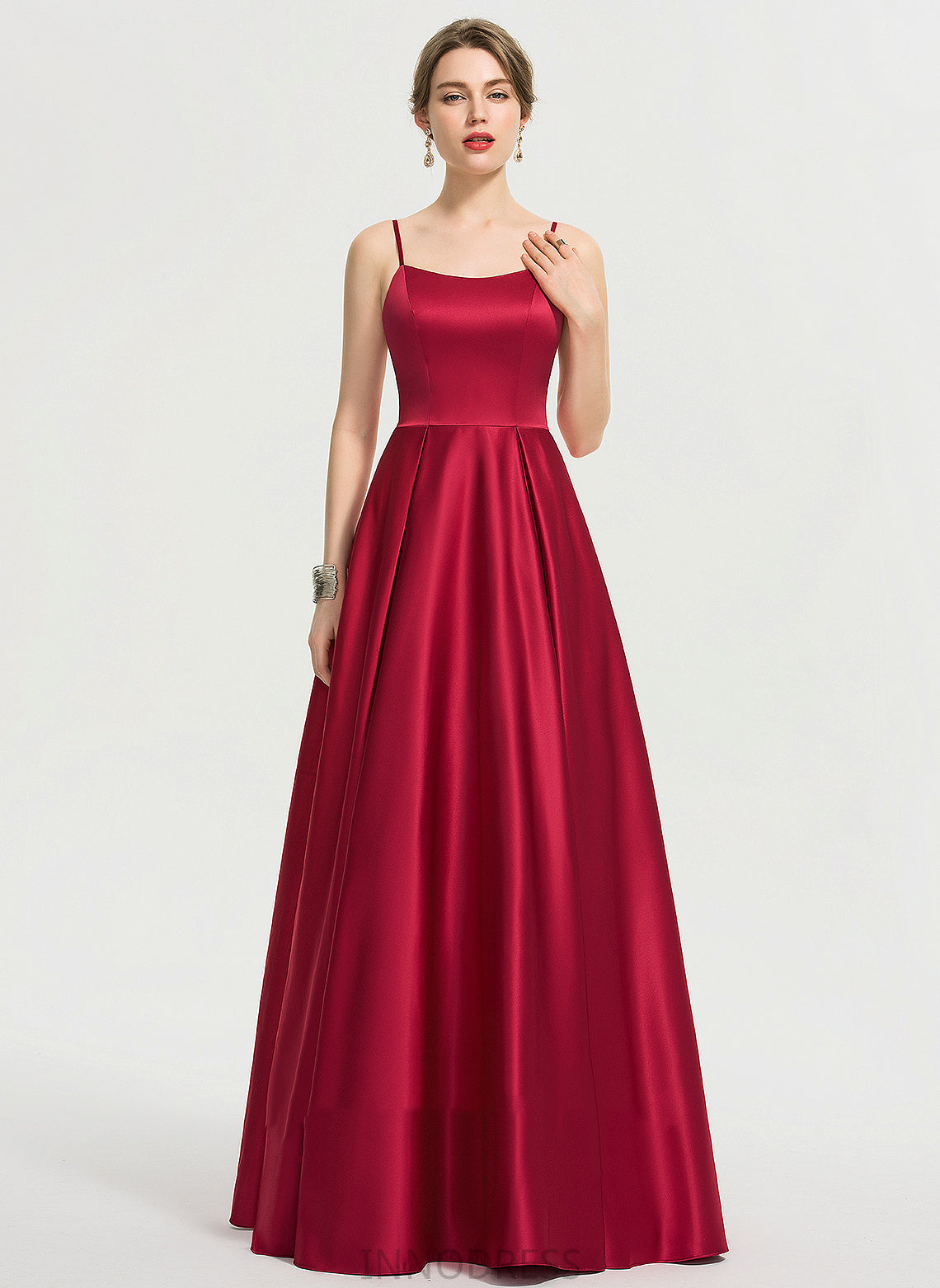 A-Line Fabric Square Silhouette Satin Straps&Sleeves Length Floor-Length Neckline Litzy A-Line/Princess Knee Length Bridesmaid Dresses