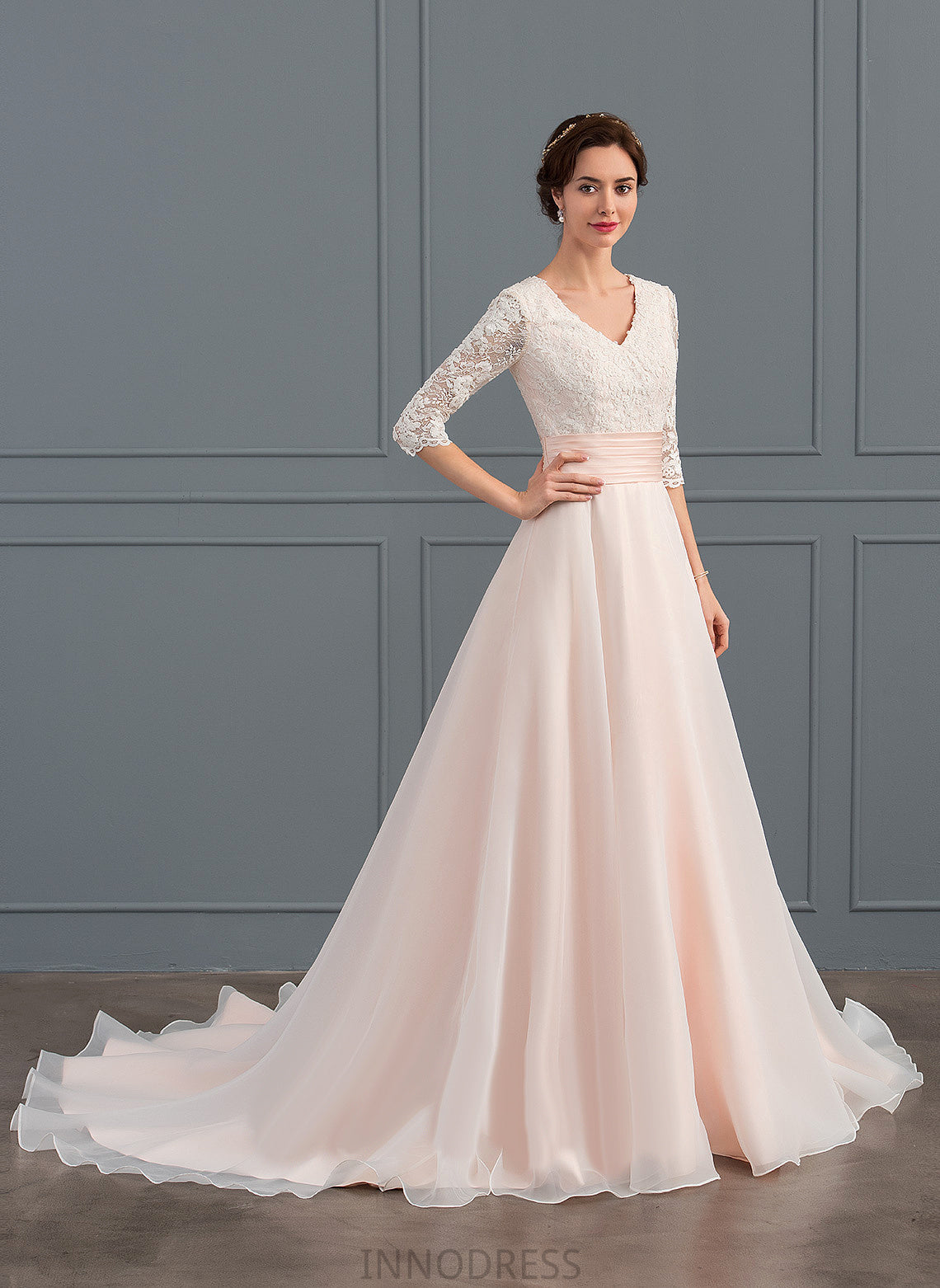 Court Tania Wedding With V-neck Wedding Dresses Ruffle Ball-Gown/Princess Lace Organza Dress Train