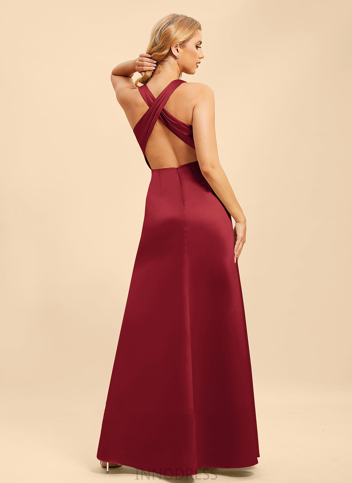 SplitFront Neckline Floor-Length Ruffle Length Embellishment Fabric V-neck A-Line Silhouette Yadira Halter Bridesmaid Dresses