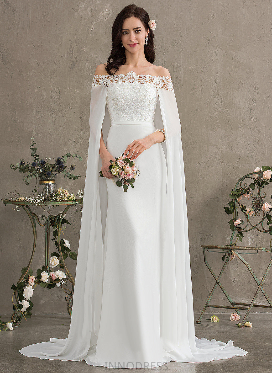 Court Wedding Dresses With Lace Dress Off-the-Shoulder Lace Wedding Chiffon Jeanie Sheath/Column Train