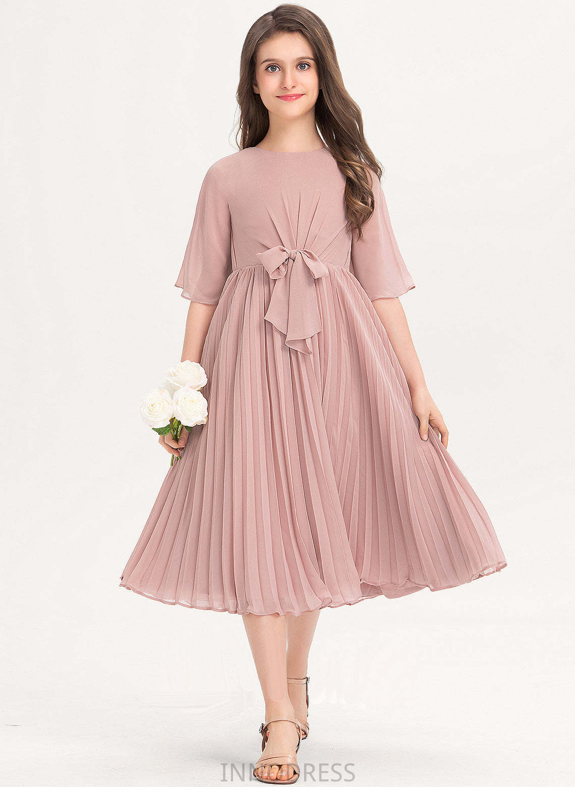 With A-Line Neck Scoop Pleated Junior Bridesmaid Dresses Bow(s) Alia Knee-Length Chiffon