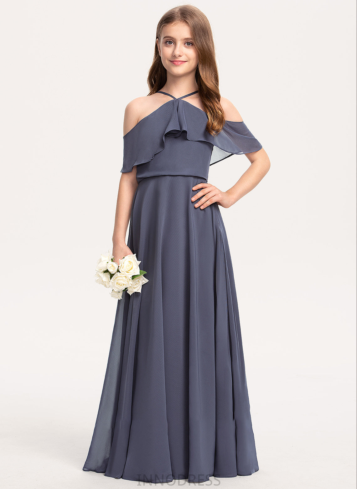 Simone Off-the-Shoulder With Ruffles Floor-Length Chiffon Junior Bridesmaid Dresses A-Line Cascading