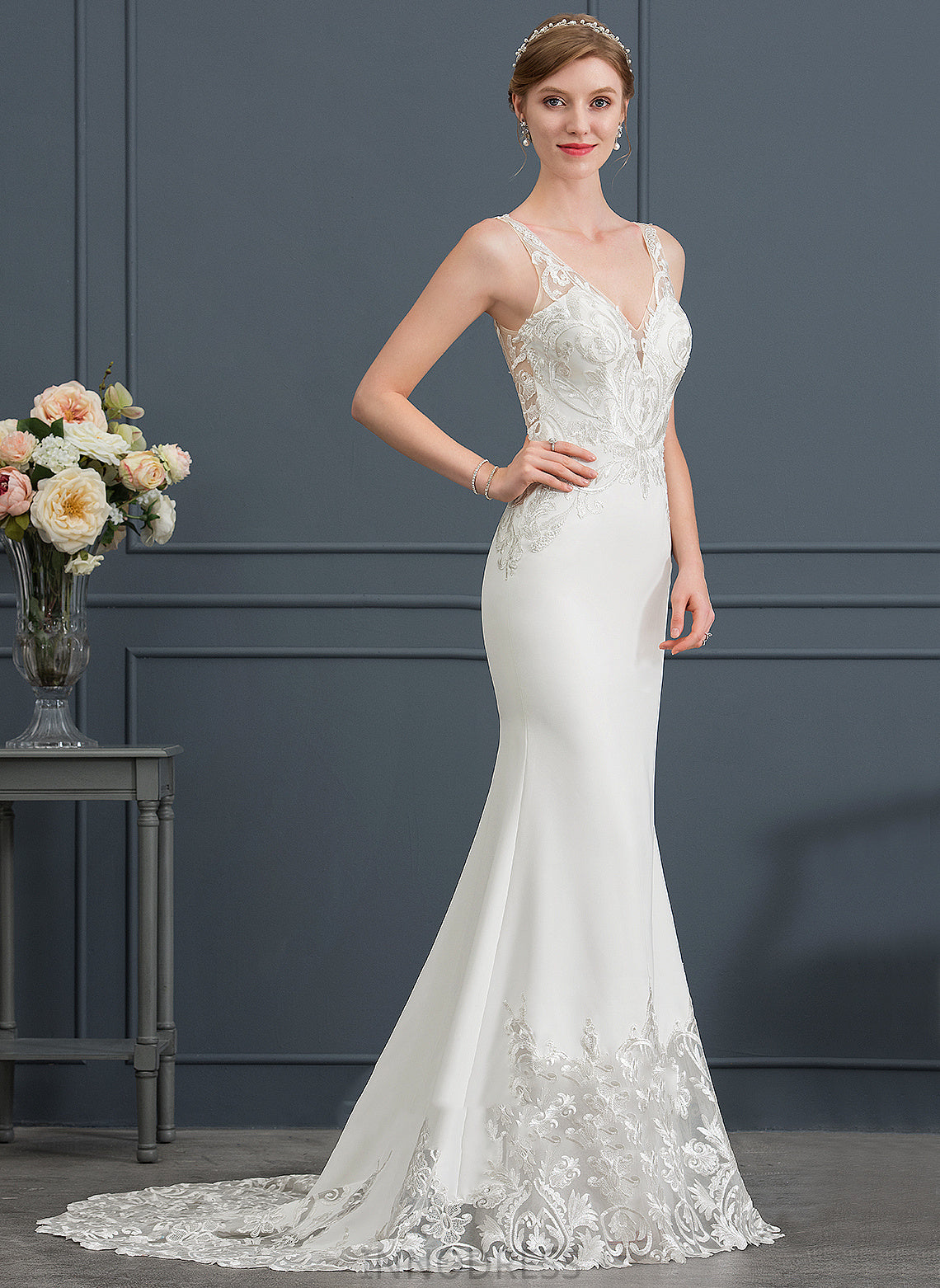 Lace Kallie V-neck Crepe Court Stretch Wedding Dresses Train Trumpet/Mermaid Dress Wedding