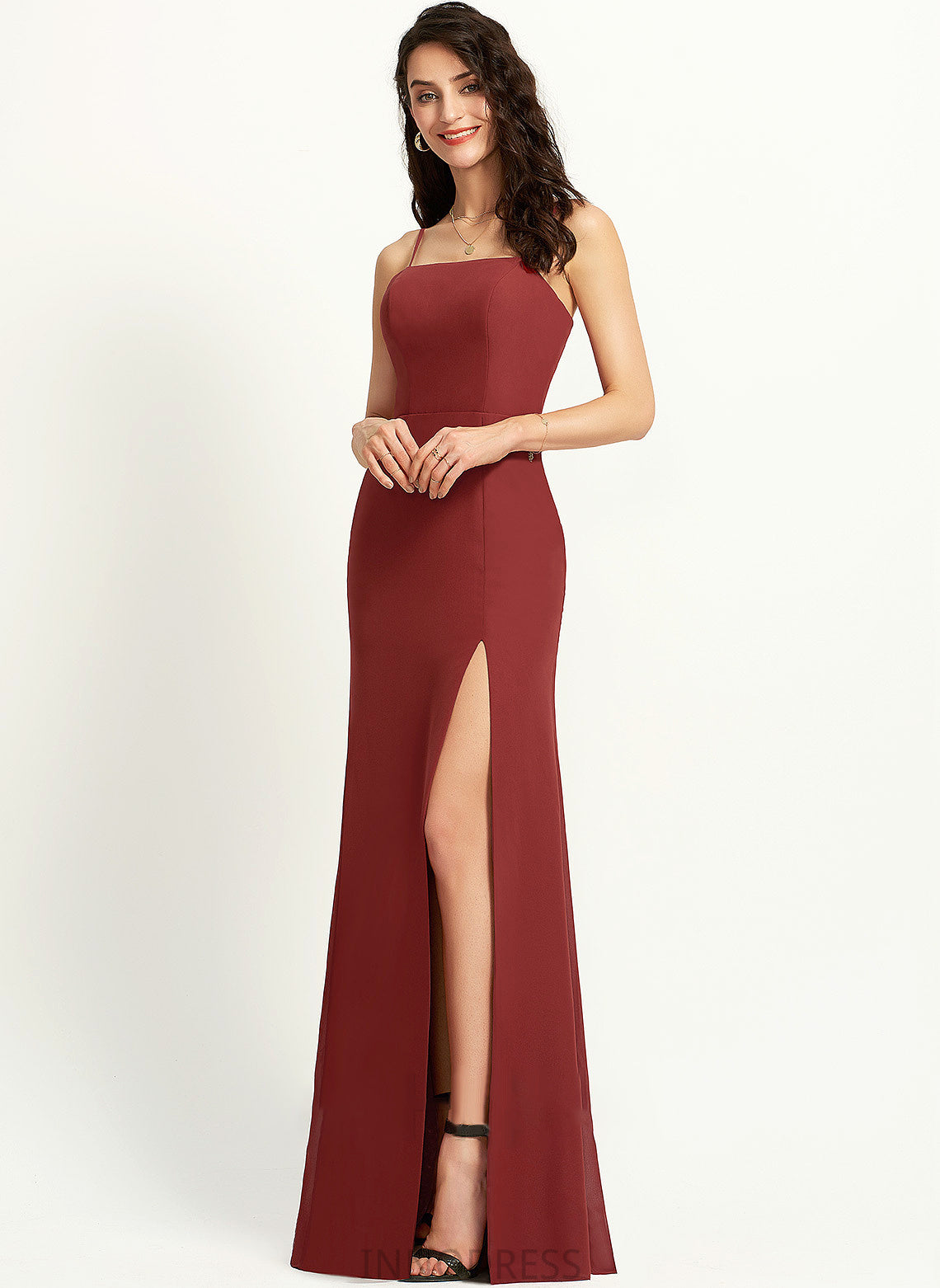 Split Neckline Sheath/Column Floor-Length Jamie With Prom Dresses Front Square