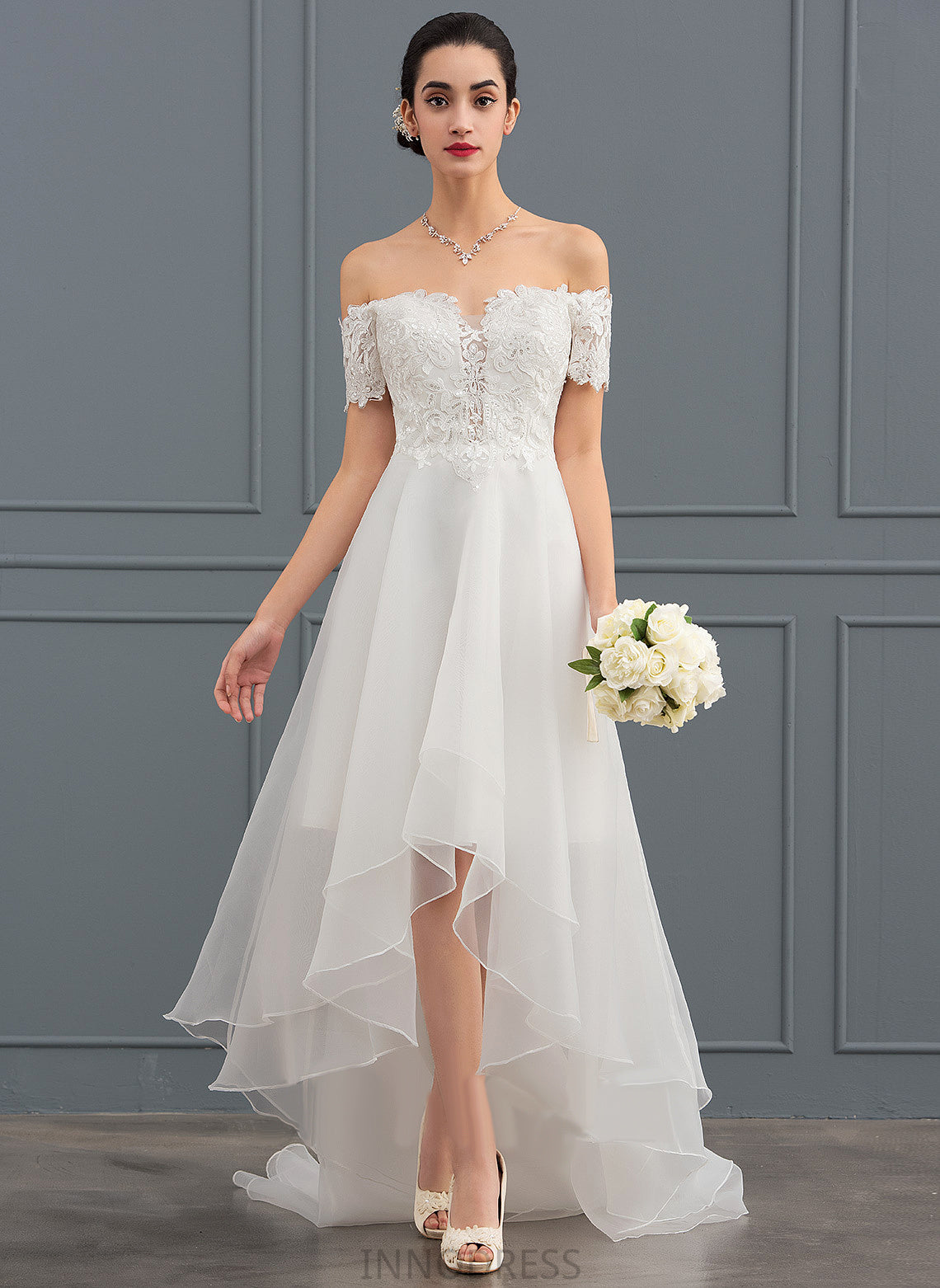 Sequins Lace A-Line Wedding Organza Asymmetrical Dress With Wedding Dresses Ivy