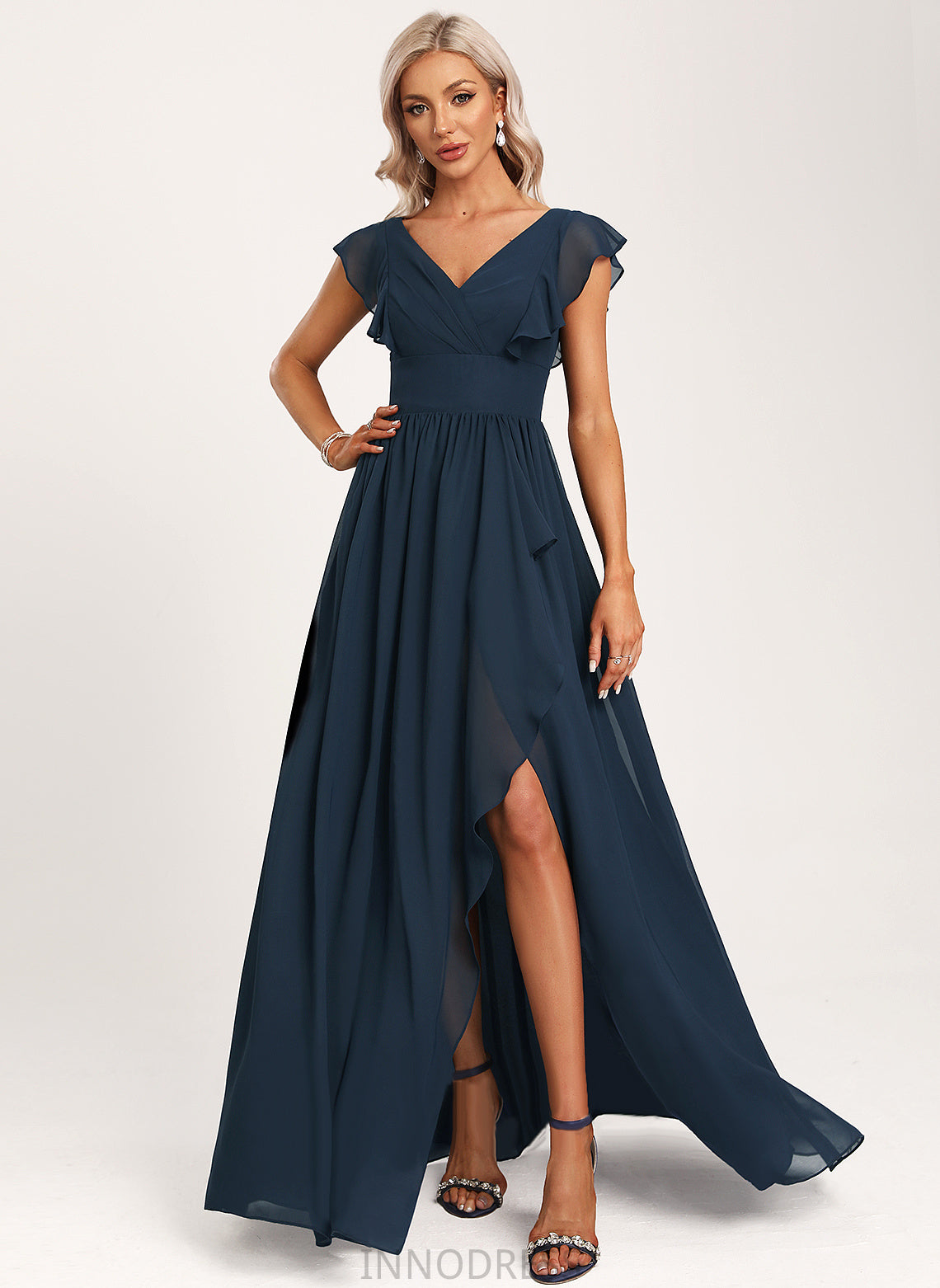 Silhouette Length Asymmetrical V-neck A-Line Neckline Fabric Ruffle Embellishment Leticia A-Line/Princess Sleeveless Bridesmaid Dresses