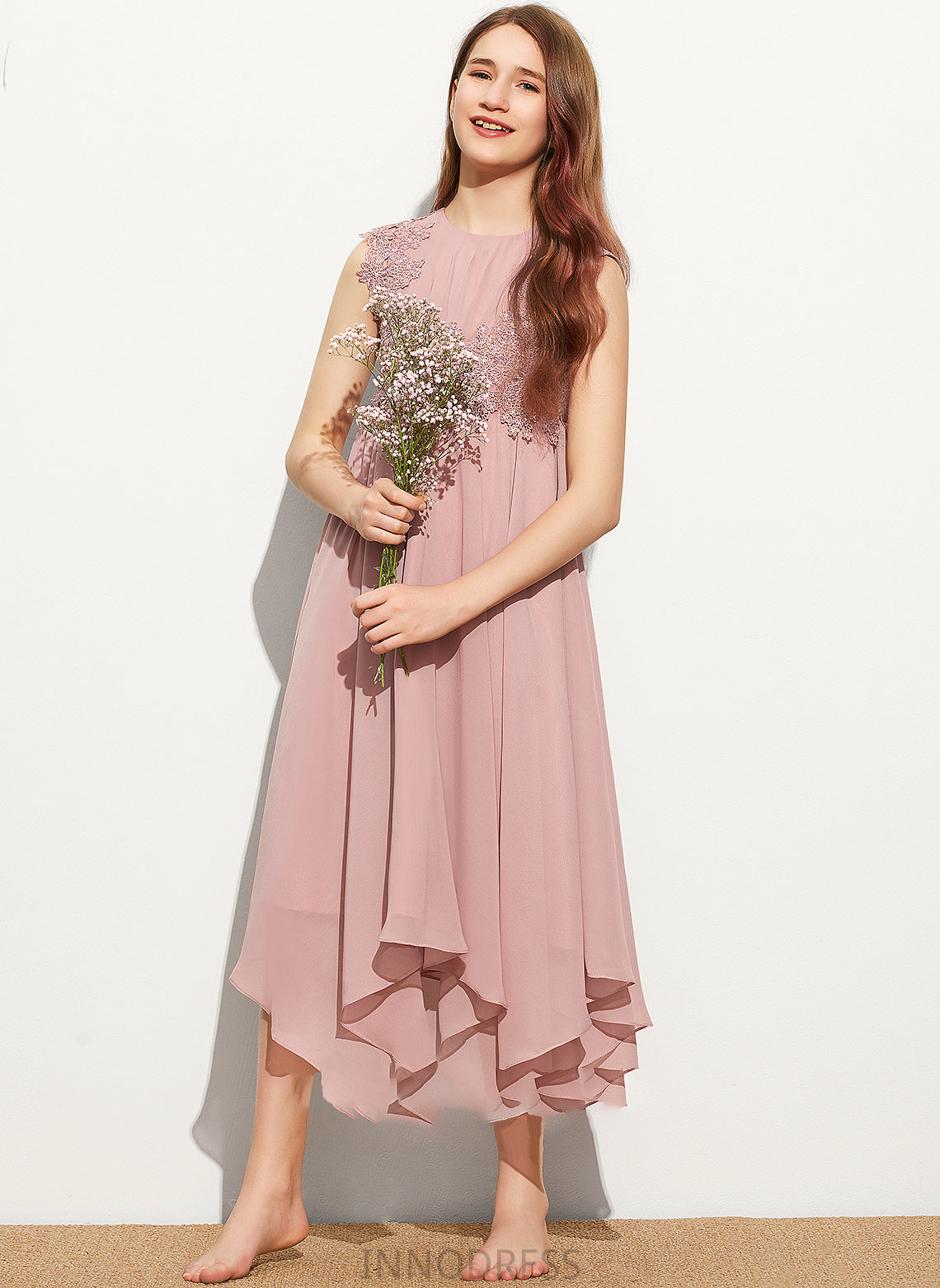 Lia Chiffon Scoop Neck Tea-Length Junior Bridesmaid Dresses Lace A-Line