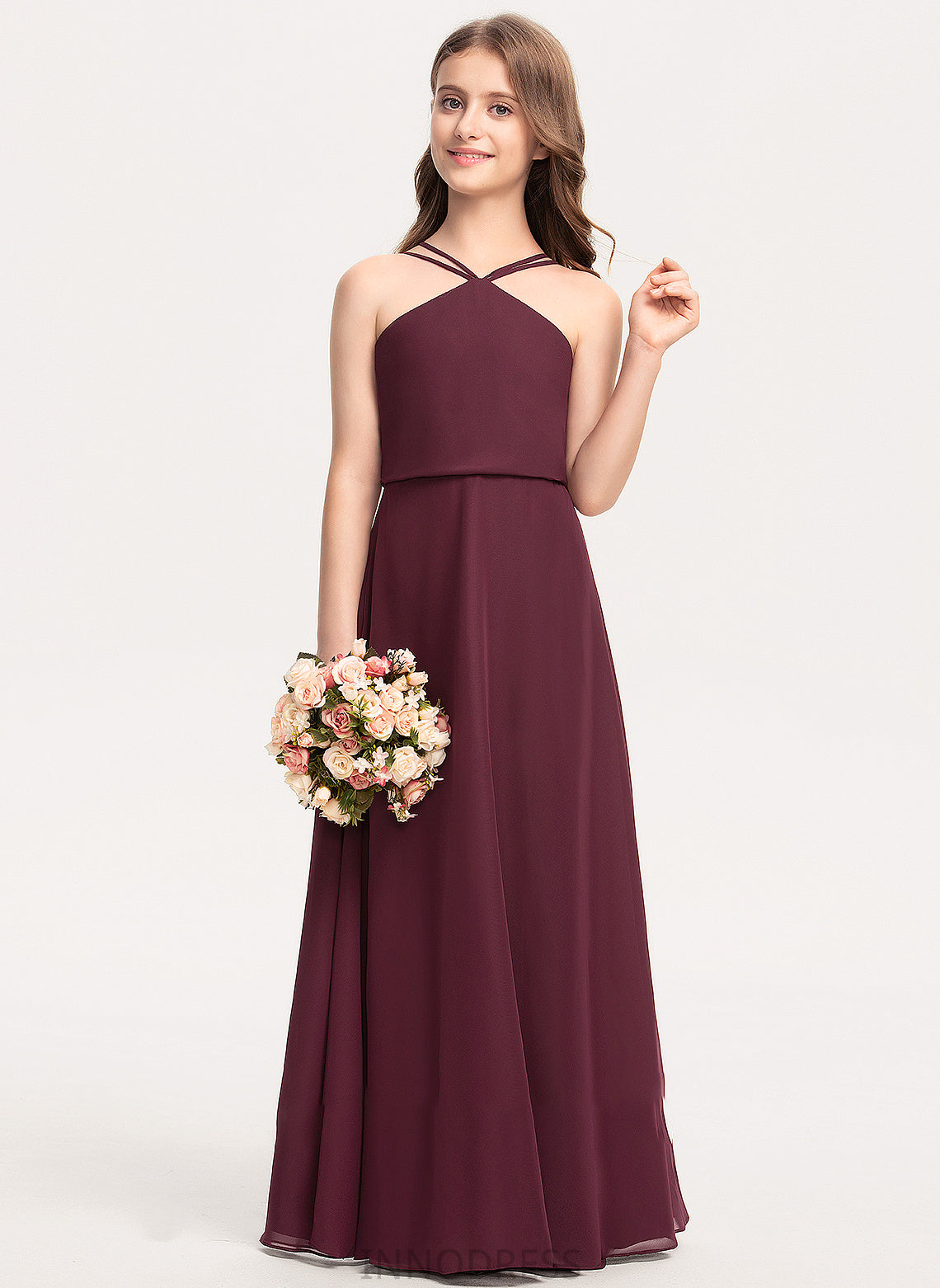 A-Line Chiffon Moriah V-neck Floor-Length Junior Bridesmaid Dresses