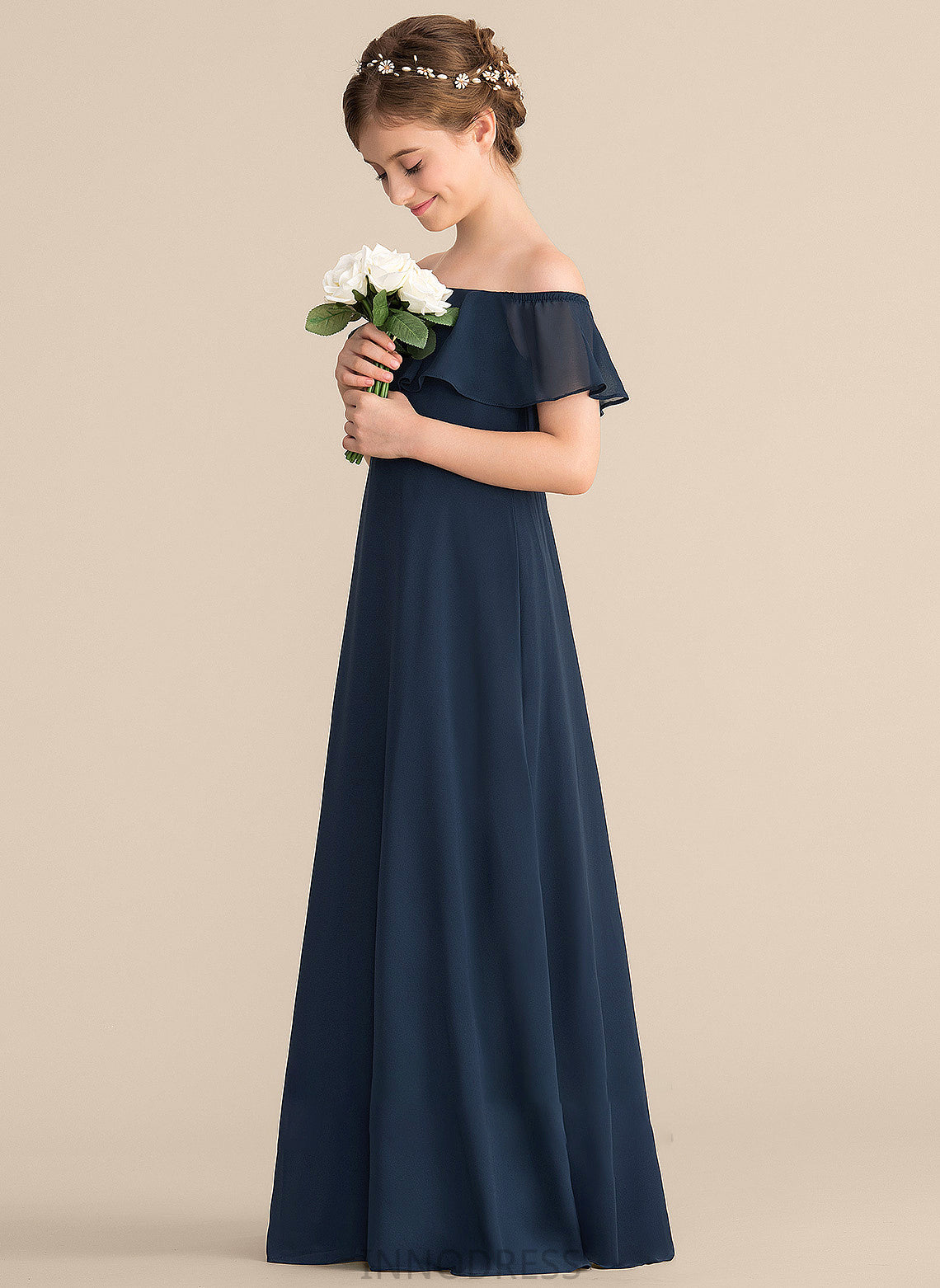 Off-the-Shoulder Floor-Length A-Line Cascading Chiffon Ruffles With Junior Bridesmaid Dresses Kayla