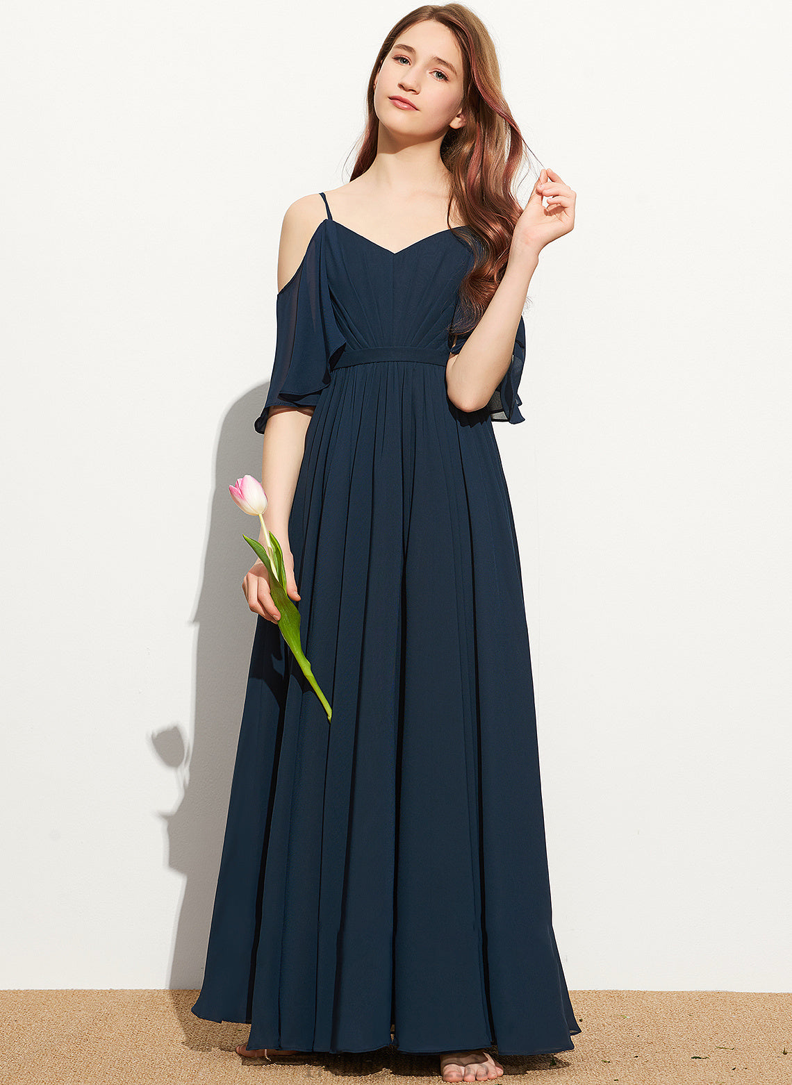 Junior Bridesmaid Dresses Floor-Length A-Line Off-the-Shoulder Chiffon Helen Ruffle With