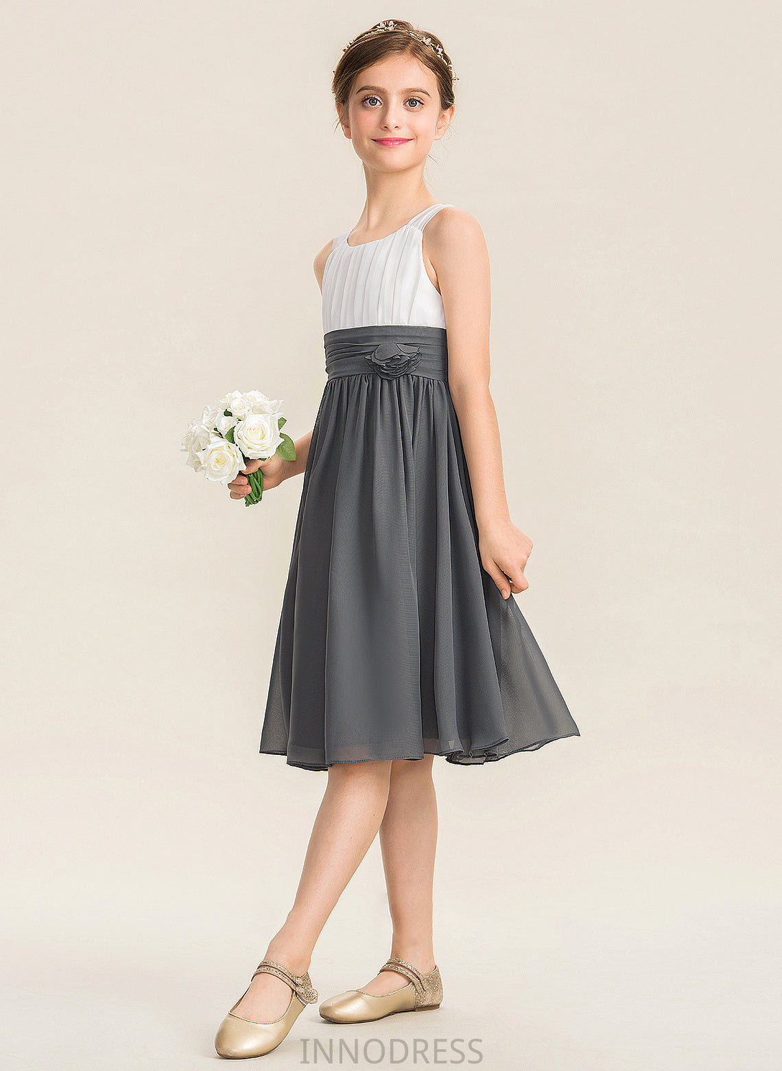 Chiffon Scoop Knee-Length Junior Bridesmaid Dresses With Flower(s) Ryan Ruffle Neck A-Line