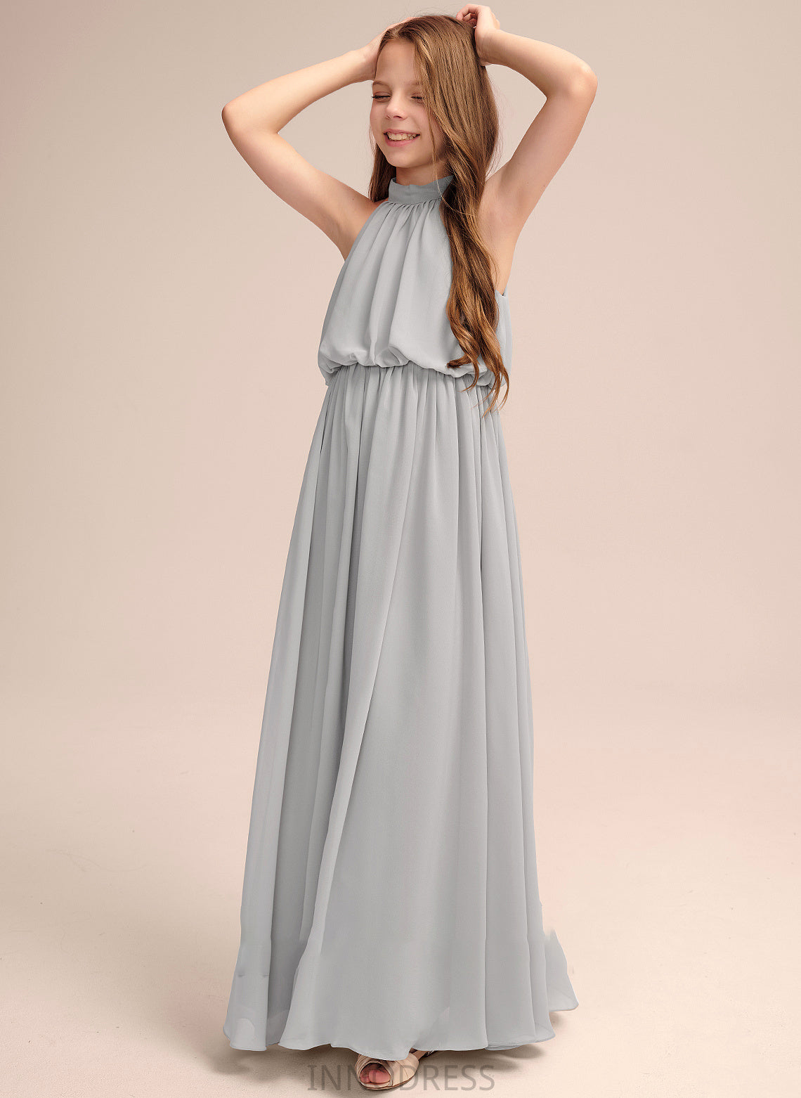 A-Line High Keely Neck Chiffon Junior Bridesmaid Dresses Ruffle With Floor-Length