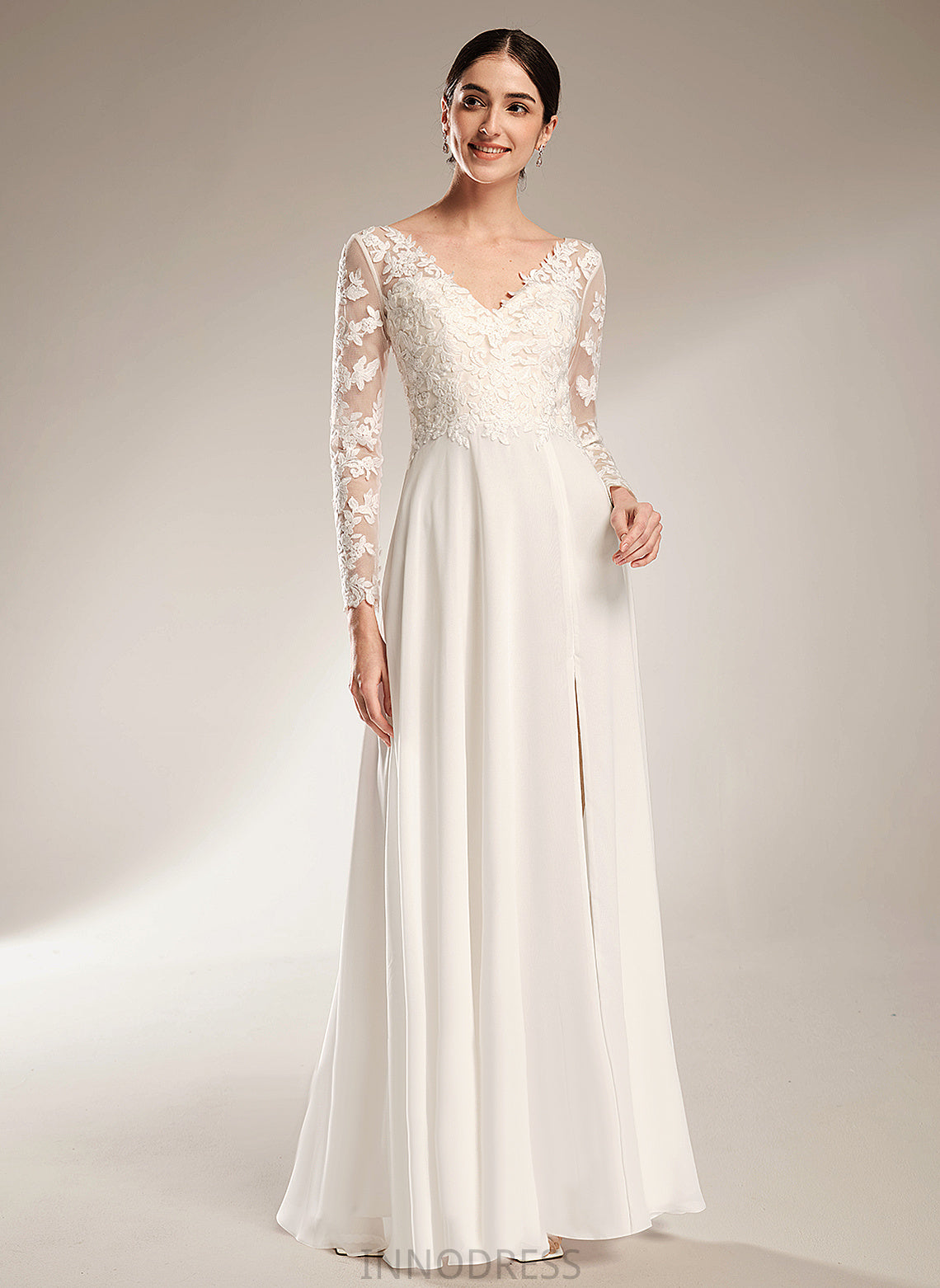 Wedding Wedding Dresses Lace Floor-Length Chiffon Dress A-Line V-neck Magdalena